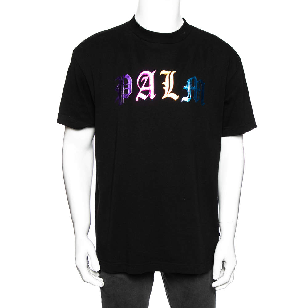 Pre Owned Palm Angels Black Cotton Logo Foil Printed Crew Neck T-Shirt L