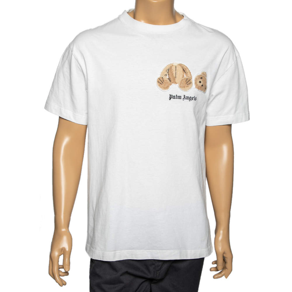 Pre Owned Palm Angels White Cotton Ice Bear Appliqued Crewneck T-Shirt L