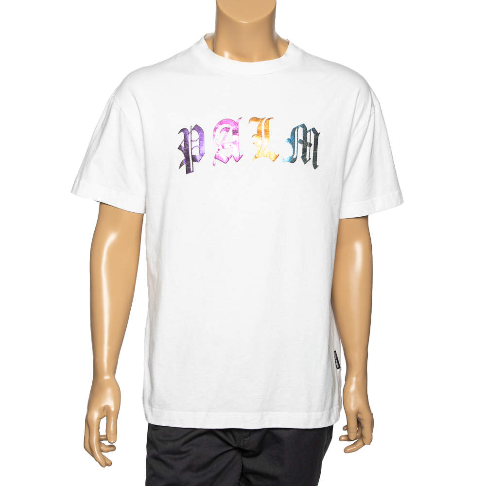 Pre Owned Palm Angels White Cotton Foil Logo Printed Crew Neck T-Shirt L