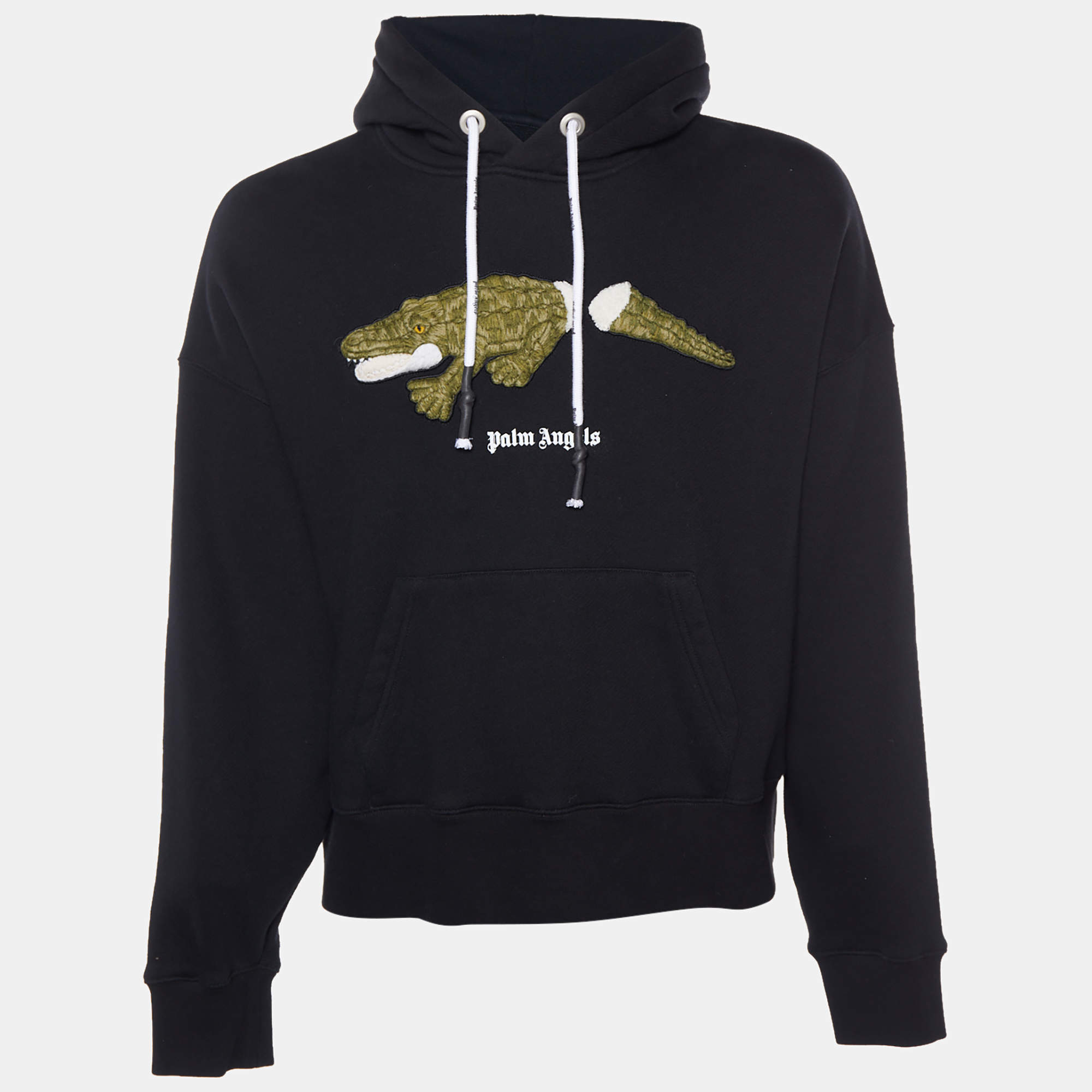 Palm Angels Black Crocodile Applique Cotton Knit Oversized Hoodie S