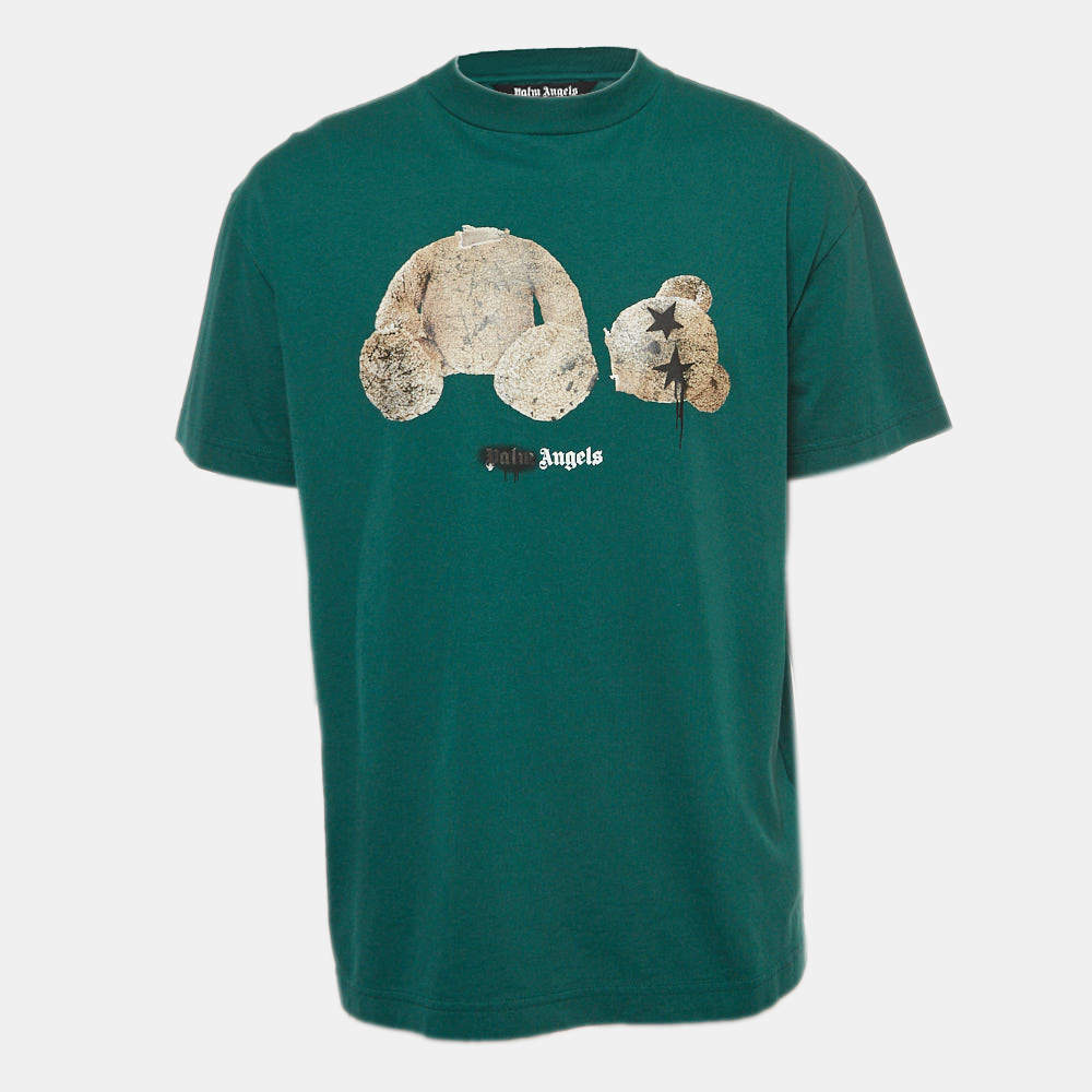 Pre Owned Palm Angels Green Spray Paint Bear Print Cotton T-Shirt L