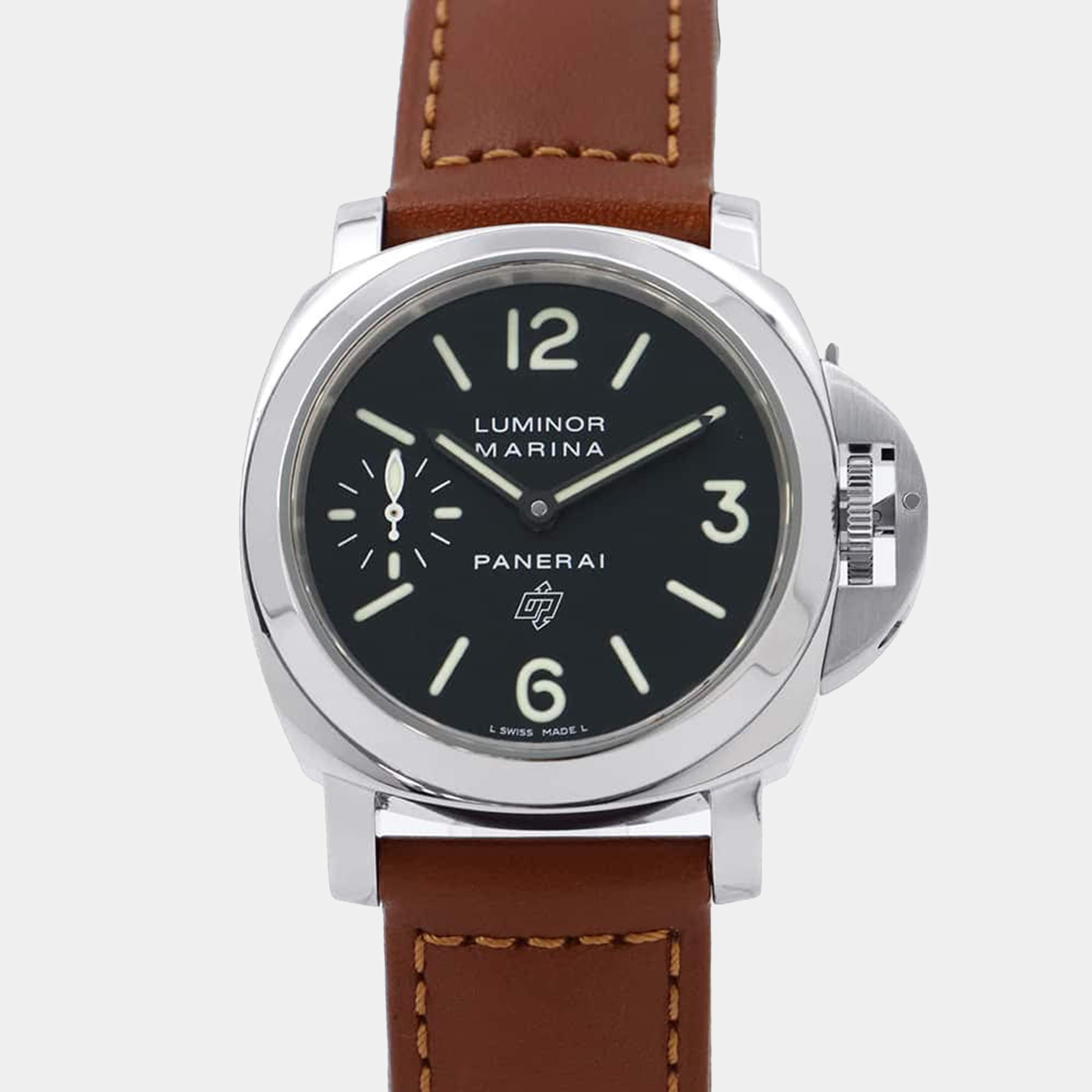 Panerai Black Stainless Steel Luminor Marina PAM00005 Manual Winding Men's Wristwatch 44 mm