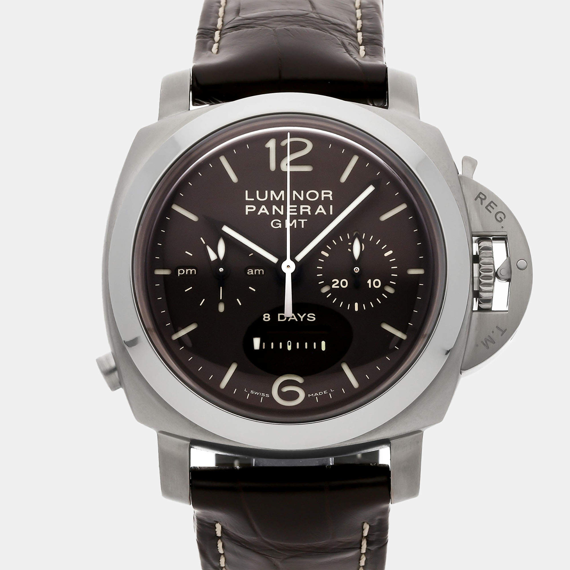 مملوكة مسبقًا ساعة يدوية بانيراي لومينور 1950 كرونو مونوبولسانت 8 أيام جي إم تي PAM 311 تعبئة يدوية رجالية 44 ملم