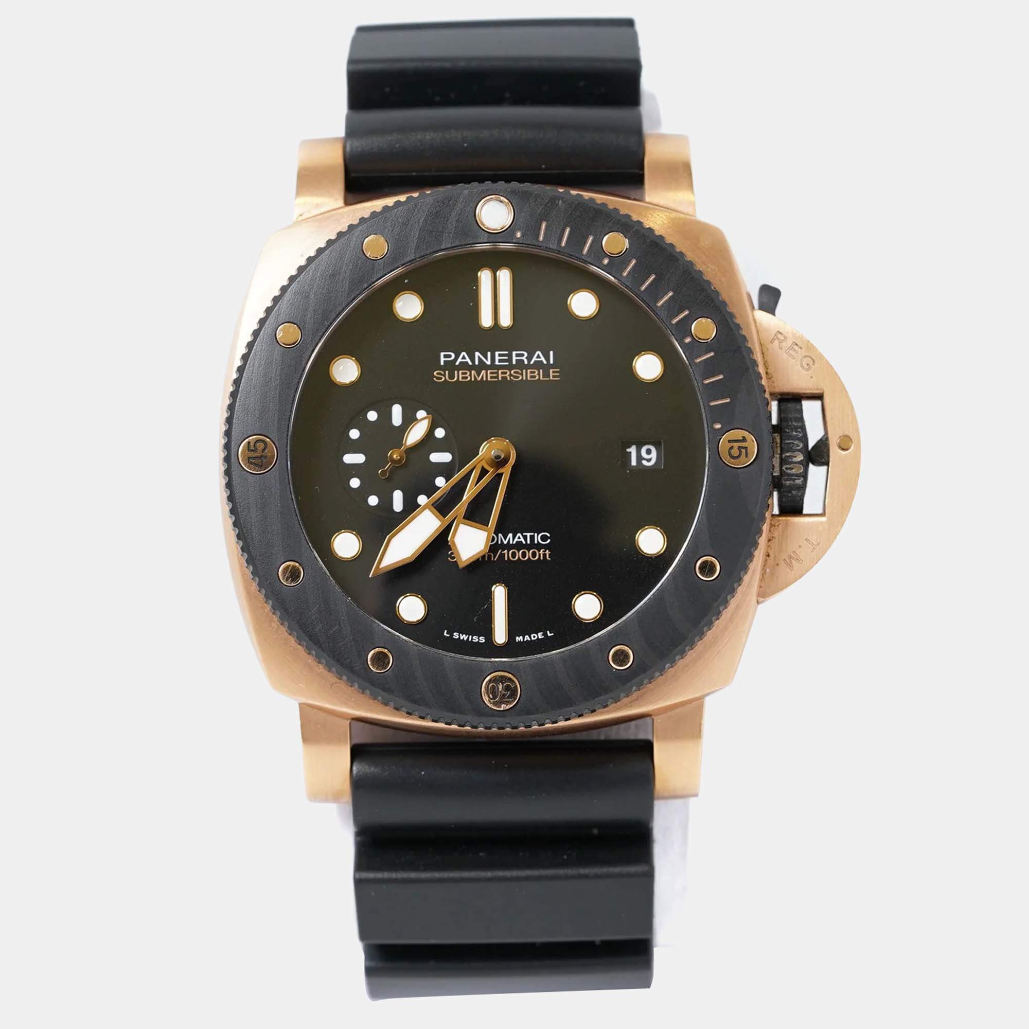 Pre Owned Panerai Submersible PAM02070 Automatic Black 18k Rose Gold Men's Wristwatch 44 mm