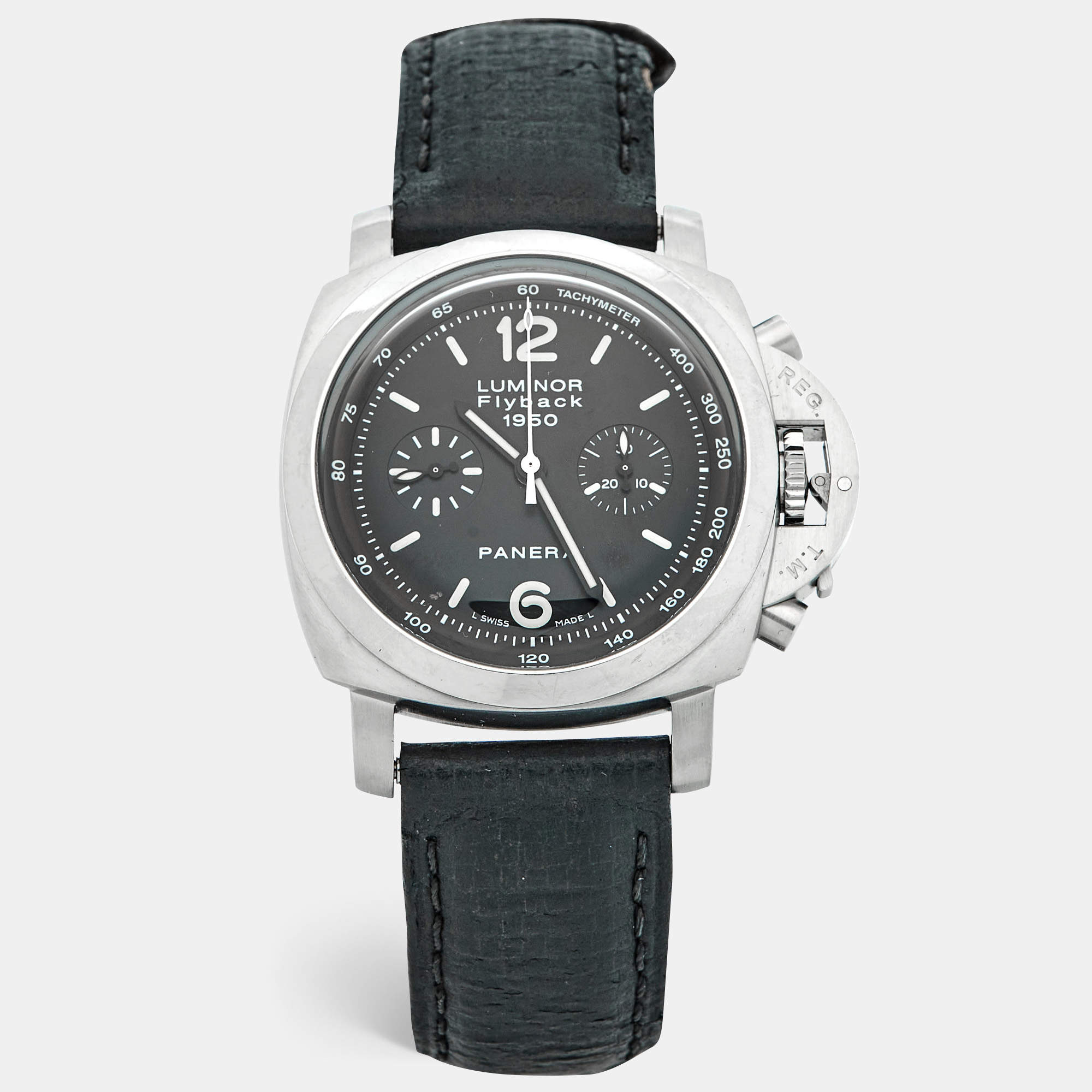 Pre Owned Paneral Luminor Flyback 1950 PAM00212 Stainless Steel Leather Men's Wristwatch 44 mm