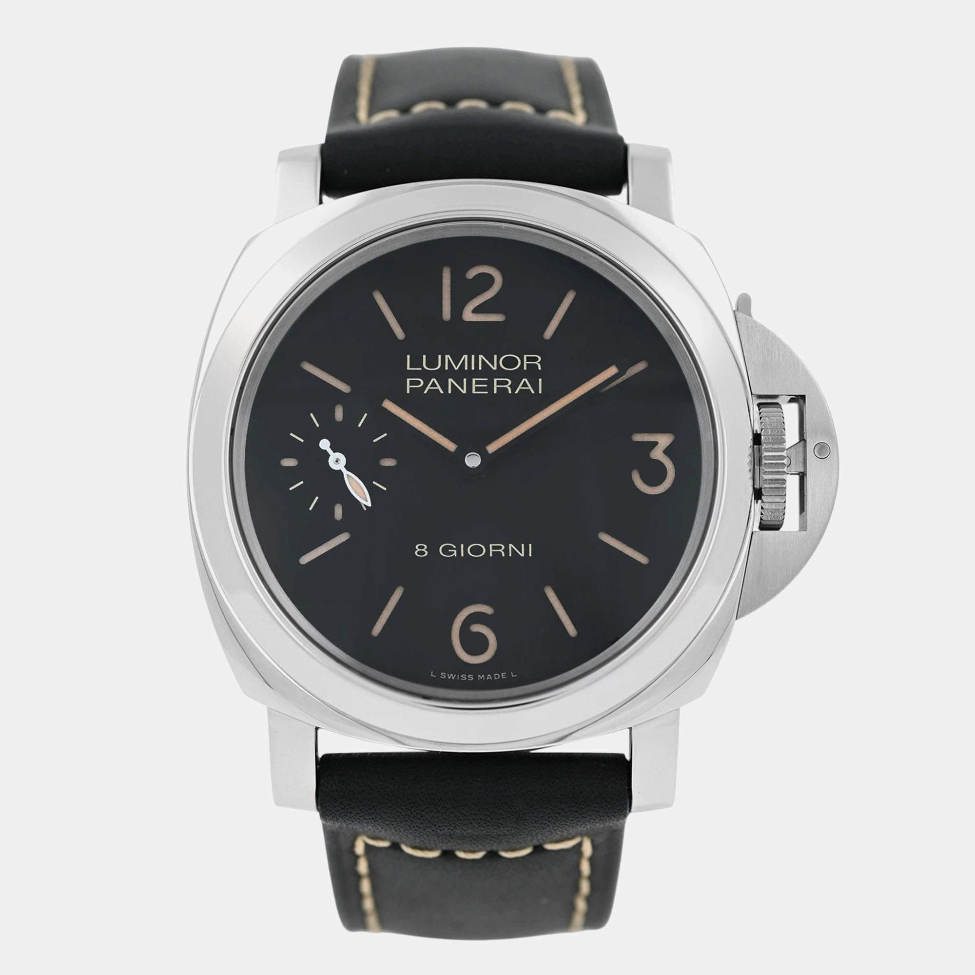 Pre Owned Panerai Luminor Base 8 Days PAM00915 Manual Winding Black Stainless Steel Men's Wristwatch 44 mm