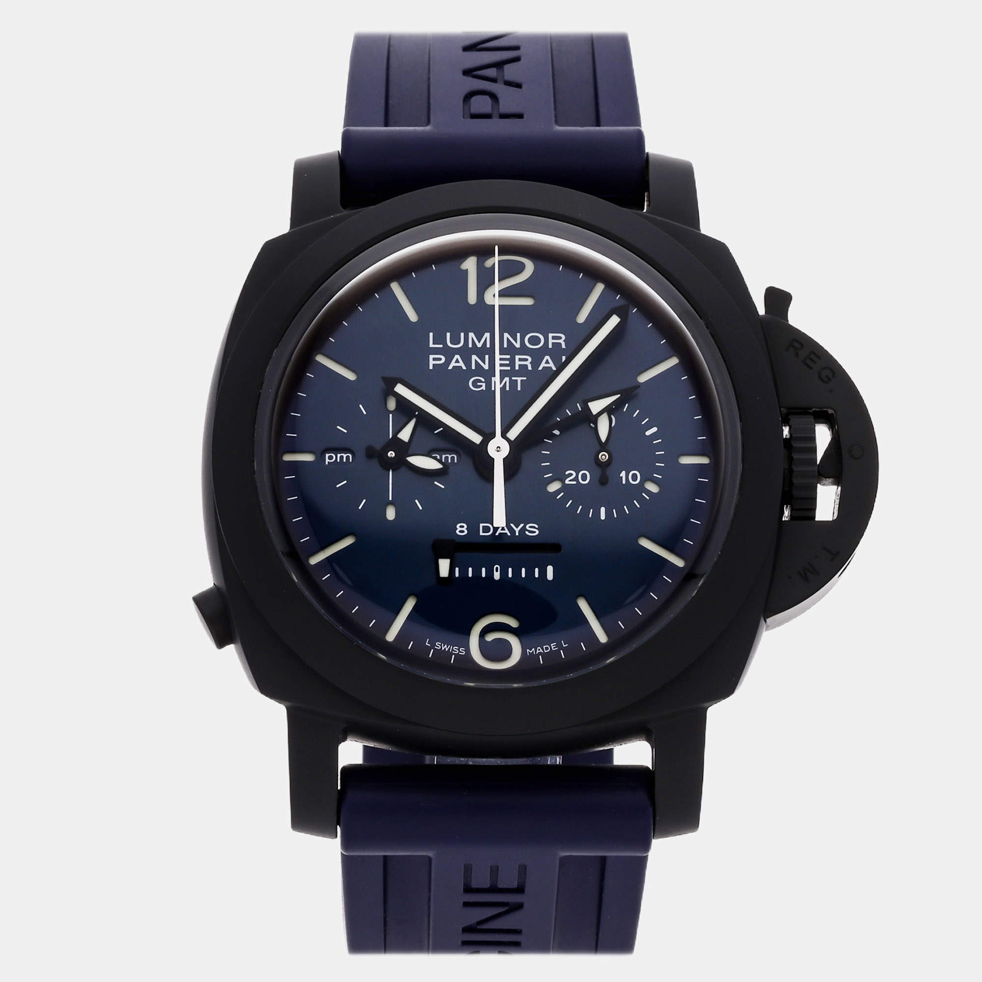 Pre Owned Panerai Luminor Chrono Monopulsante 8 Giorni PAM01135 Blue Ceramic Manual Winding Men's Watches 44mm