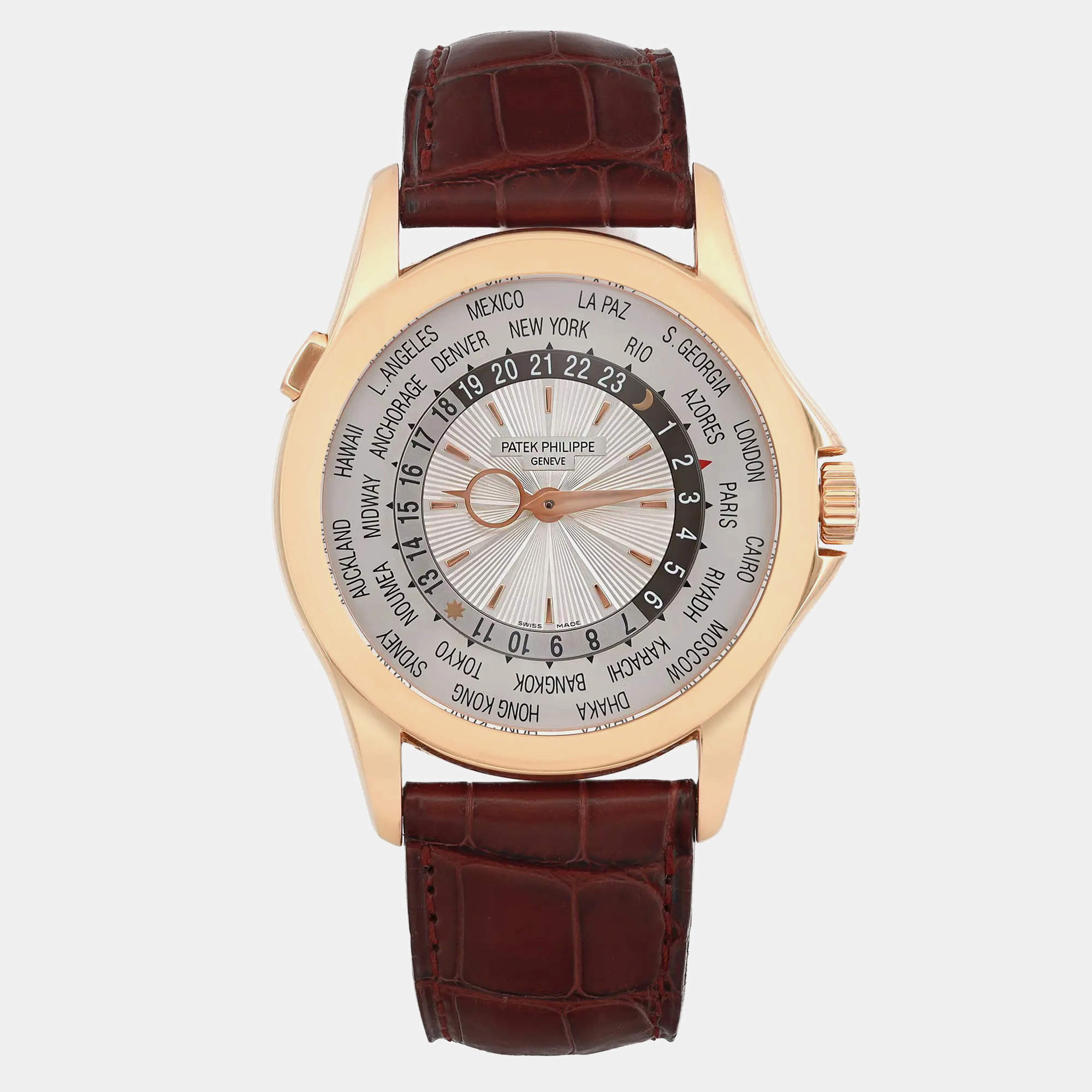 Patek Philippe Silver 18k Rose Gold World Time 5130R-001 Automatic Men's Wristwatch 39.5 mm