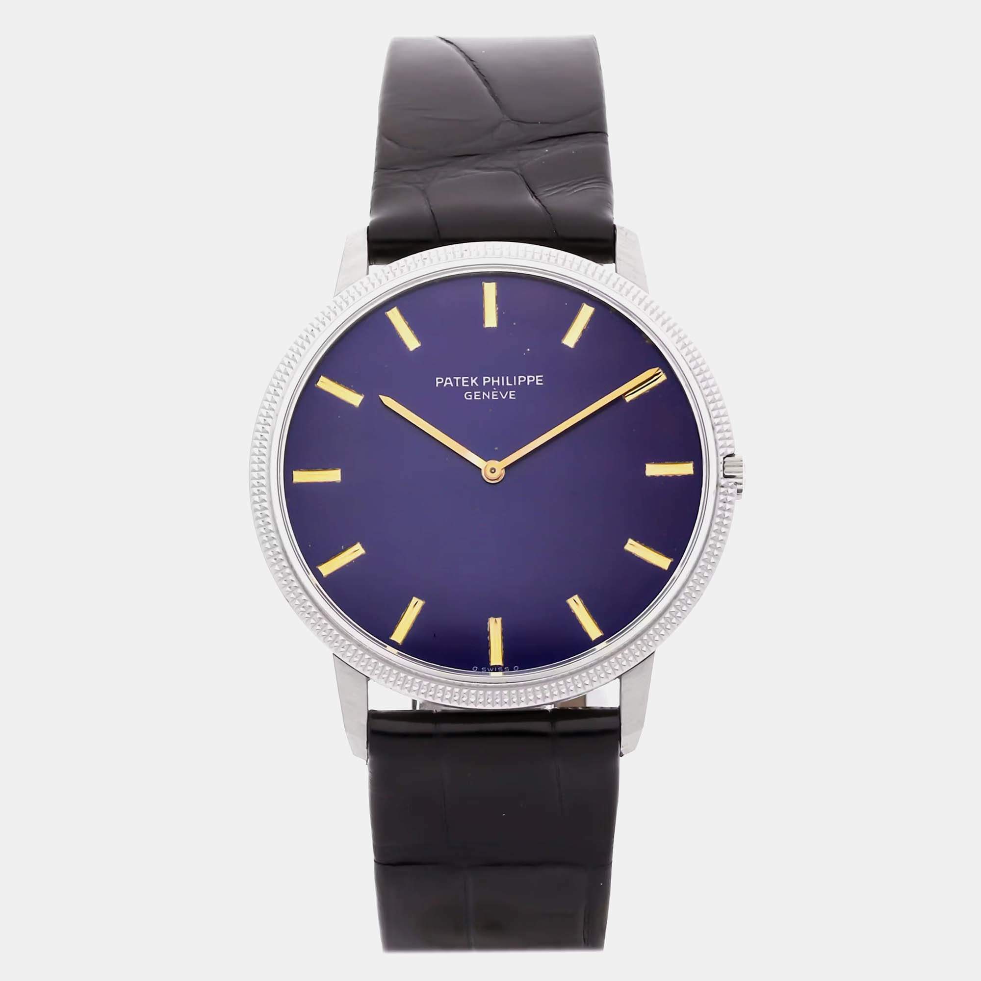 Pre Owned Patek Philippe Calatrava 3590 Automatic Blue 18k White Gold Women’s Wristwatch 35 mm