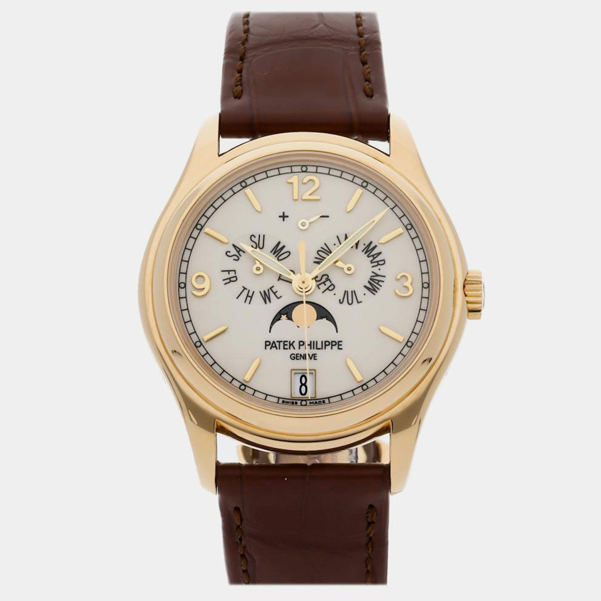 Pre Owned Pre-Owned Patek Philippe Complications Annual Calendar Moonphases 5146J-001 White Automatic 18k Yellow Gold Men's Wristwatch 39 mm
