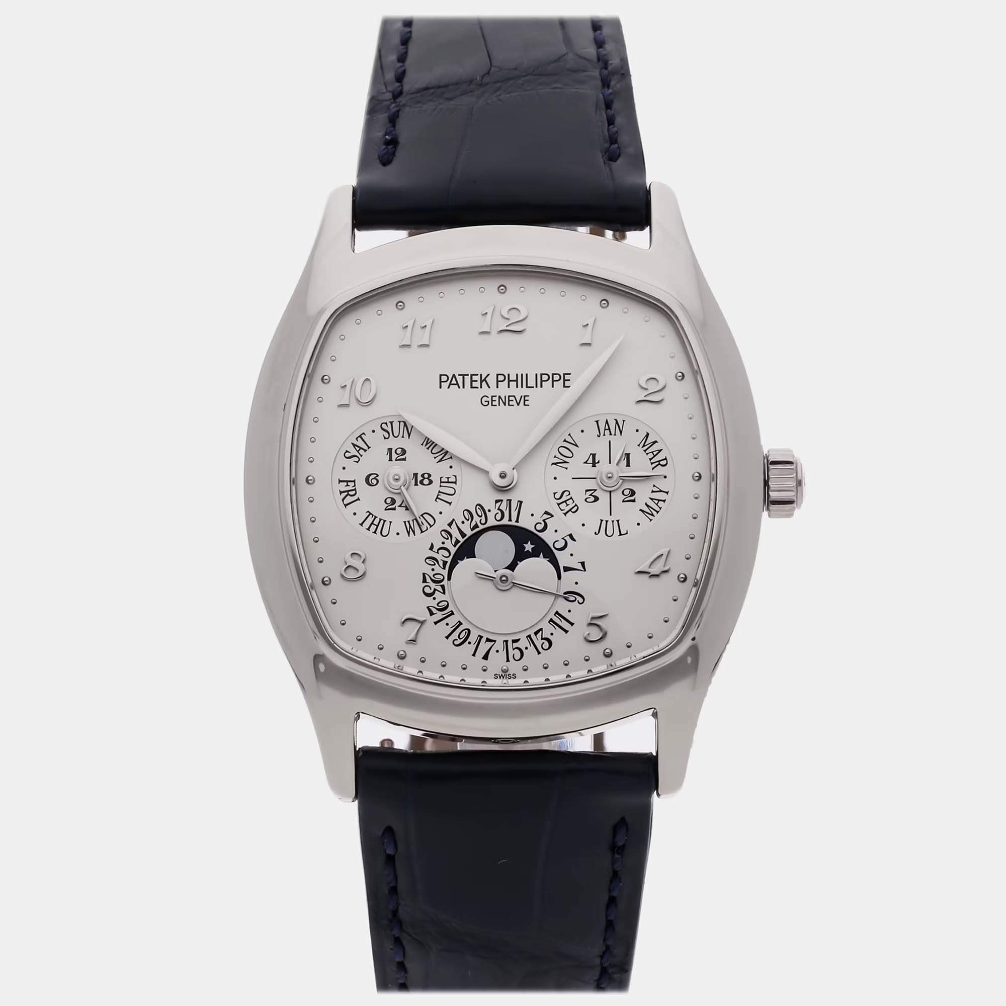 Pre Owned Pre-Owned Patek Philippe Grand Complications Perpetual Calendar 5940G-001 Silver Automatic 18k White Gold Men's Wristwatch 37 mm