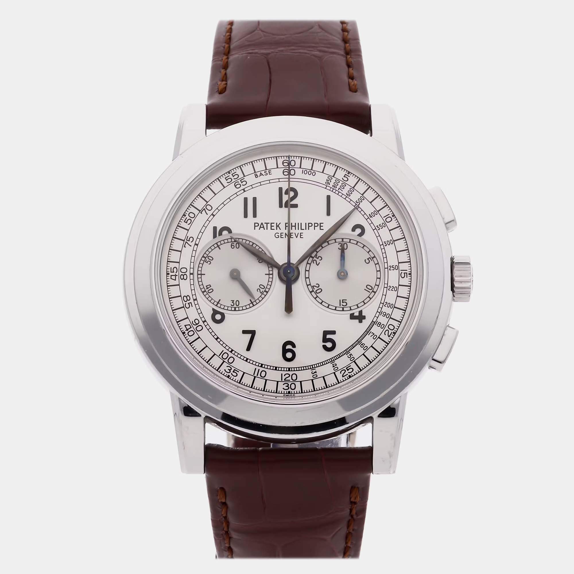 Pre Owned Pre-Owned Patek Philippe Complications Chronograph 5070G-001 Silver Manual Winding 18k White Gold Men's Wristwatch 42 mm