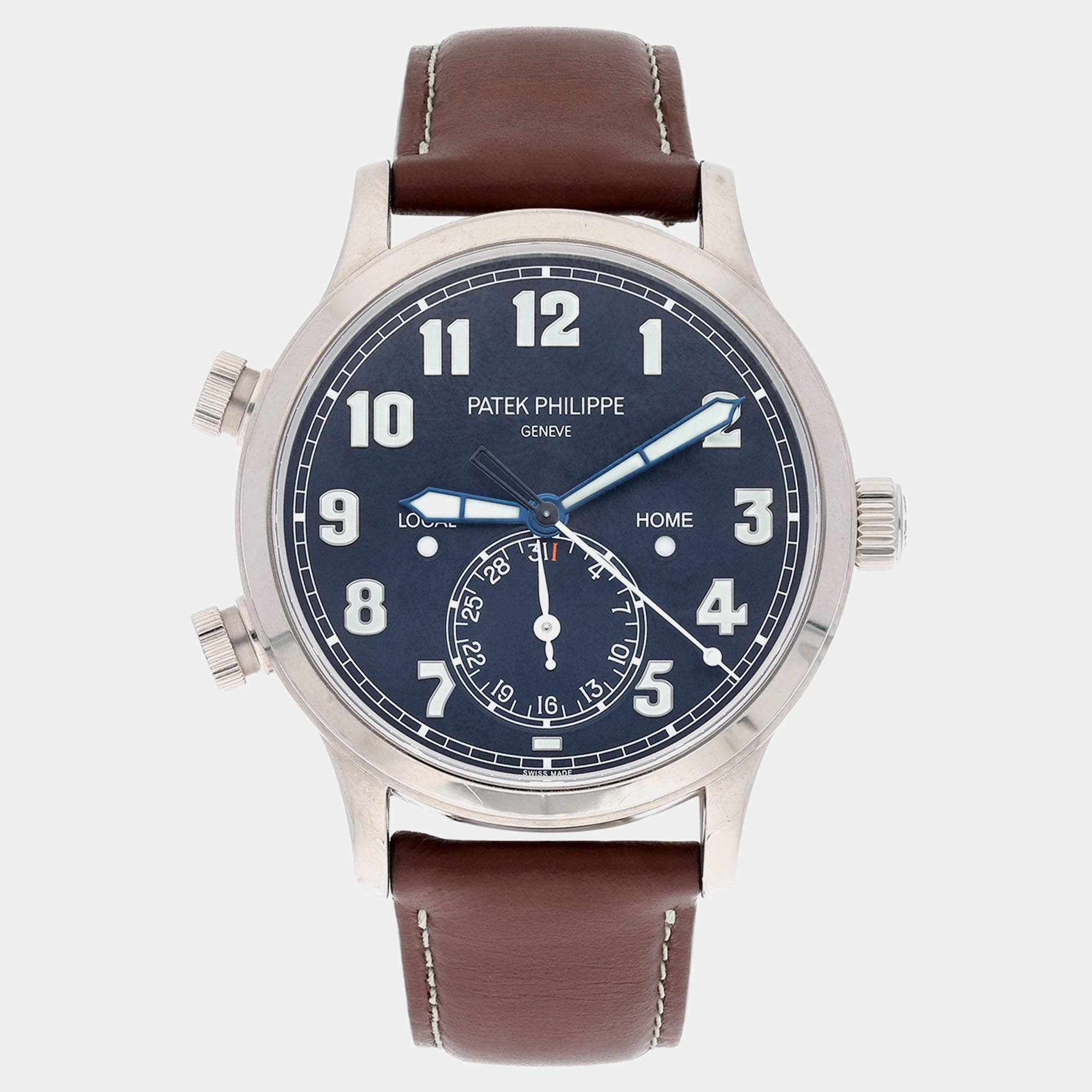 Pre Owned Patek Philippe Calatrava Travel Time 5524G-001 Automatic Blue 18k white gold Men's Wristwatch 42 mm