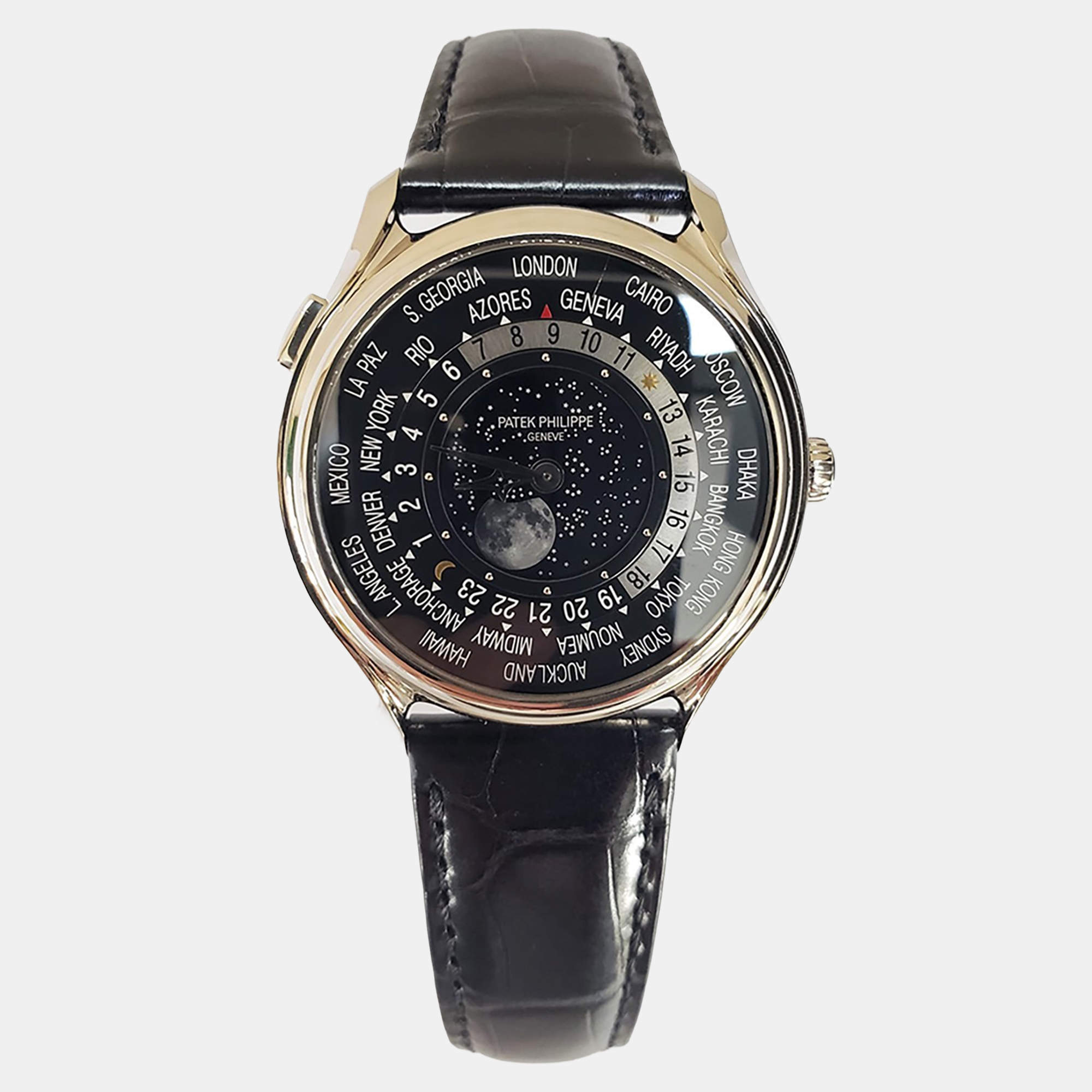 Pre Owned Patek Philippe World Time 5575G-001 Automatic Black 18k White Gold Men's Wristwatch 39.5 mm