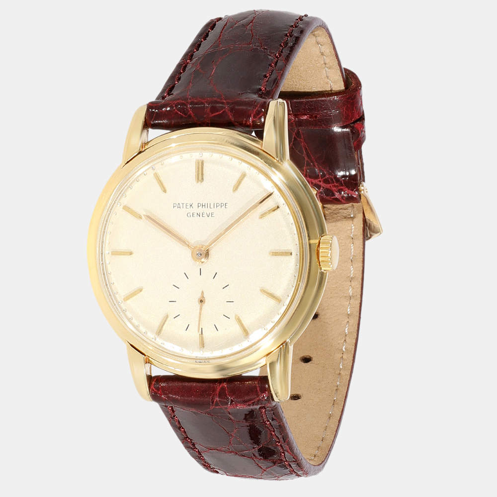 Pre Owned ساعة يد رجالية باتيك فيليب كالاترافا 2484 لف يدوي ذهب أصفر عاجية 32مم