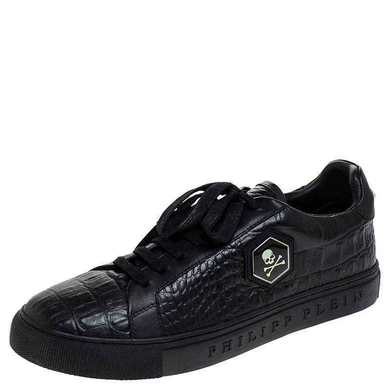 Philipp Plein Black Croc Embossed Leather Tusk Lace Up Sneakers Size 43 ...