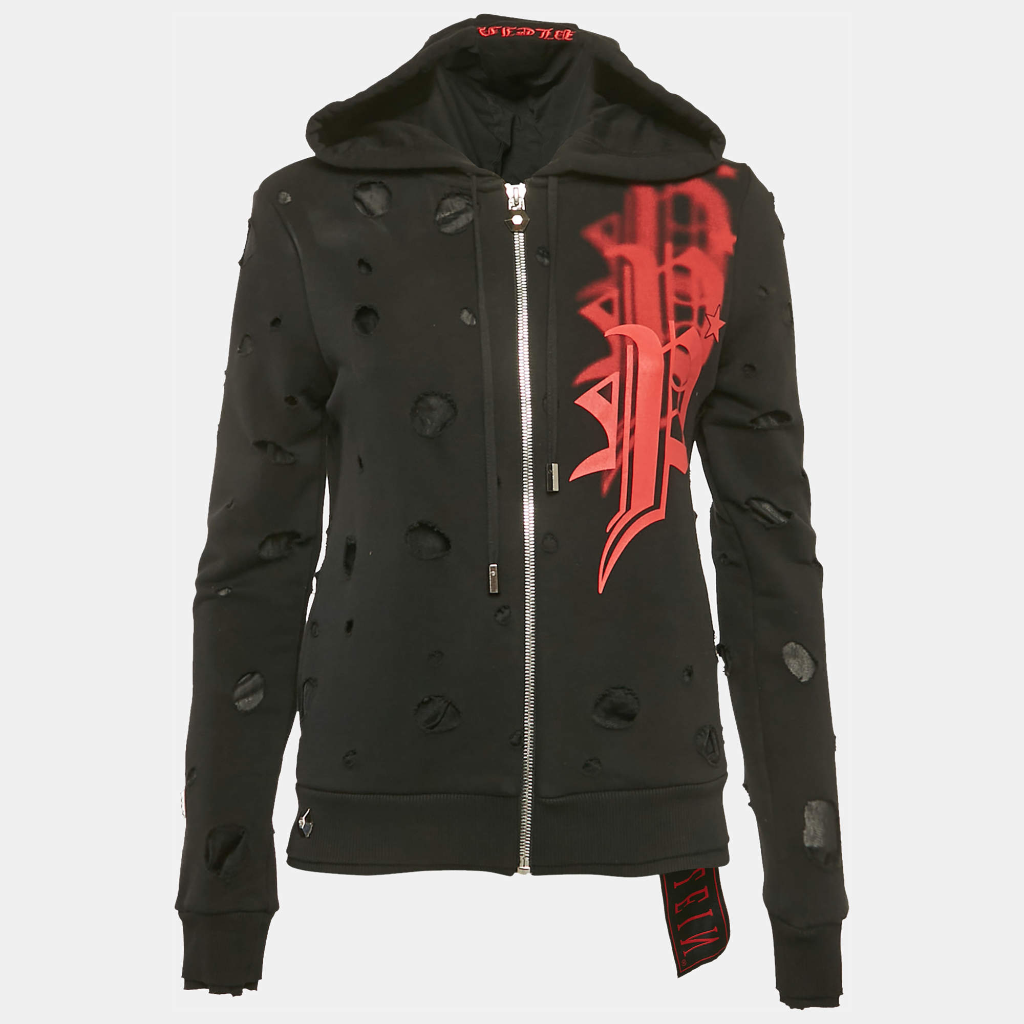 Phillipp Plein Fucking Fresh Black Distressed Front Zip Hoodie XS