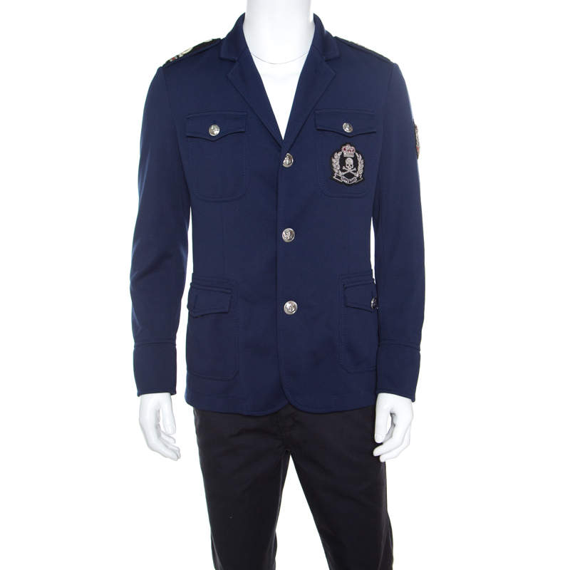 Pre Owned Philipp Plein Navy Blue Embellished Crest and Epaulette Detail Jacket L