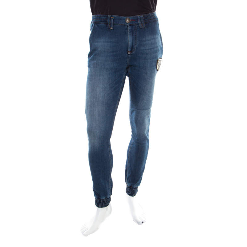 Pre Owned Philipp Plein Indigo Faded Effect Denim Jogger Style Jeans S