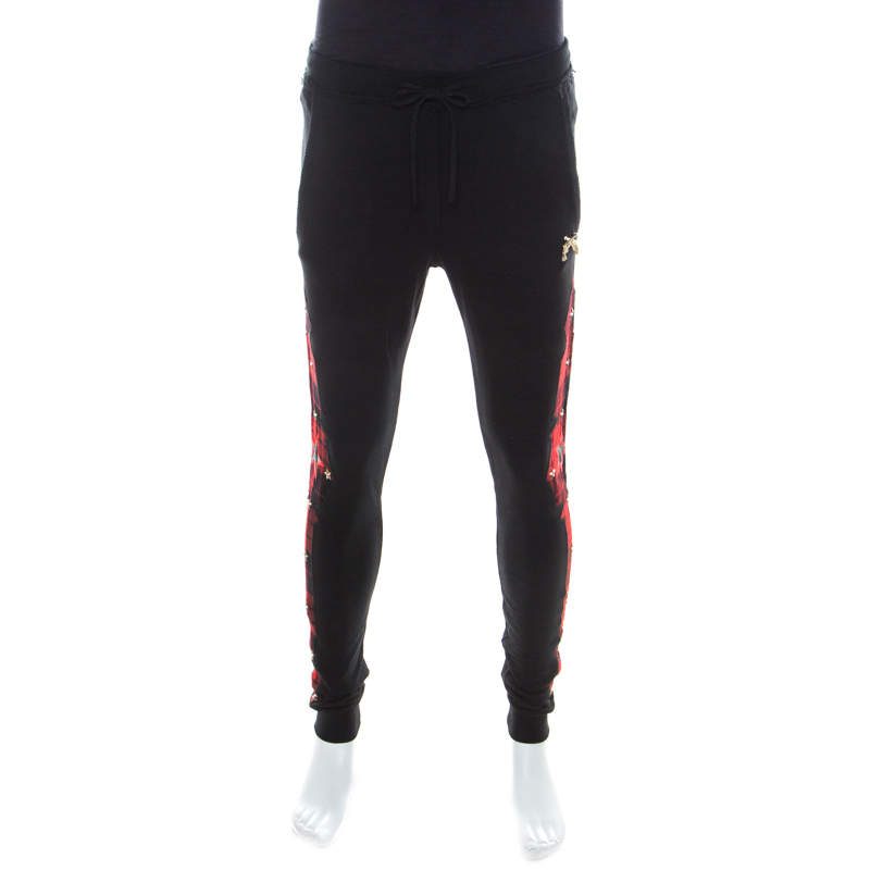 Pre Owned Philipp Plein Couture Black and Red Knit Tartan Panel Jogger Pants S 