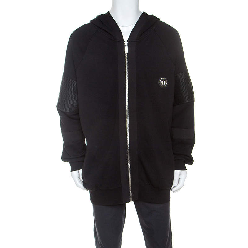 Pre Owned Philipp Plein Black Cotton Biker Detail Hooded Jacket 4XL