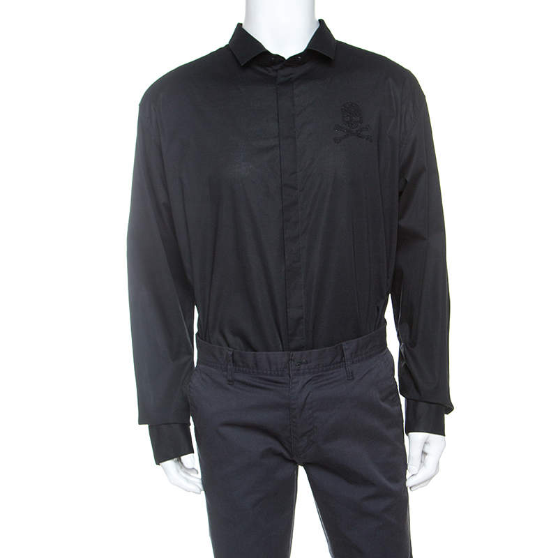 Pre Owned Philipp Plein Black Embellished Cotton Diamond Cut Shirt 4XL
