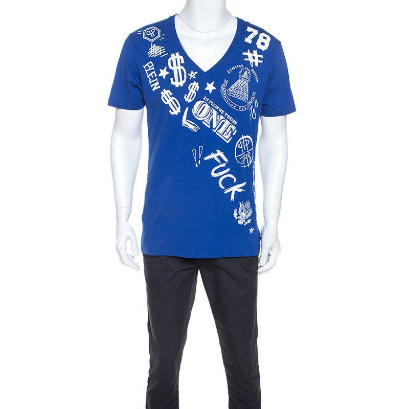 Philipp Plein Printed Blue V Neck Money T-Shirt