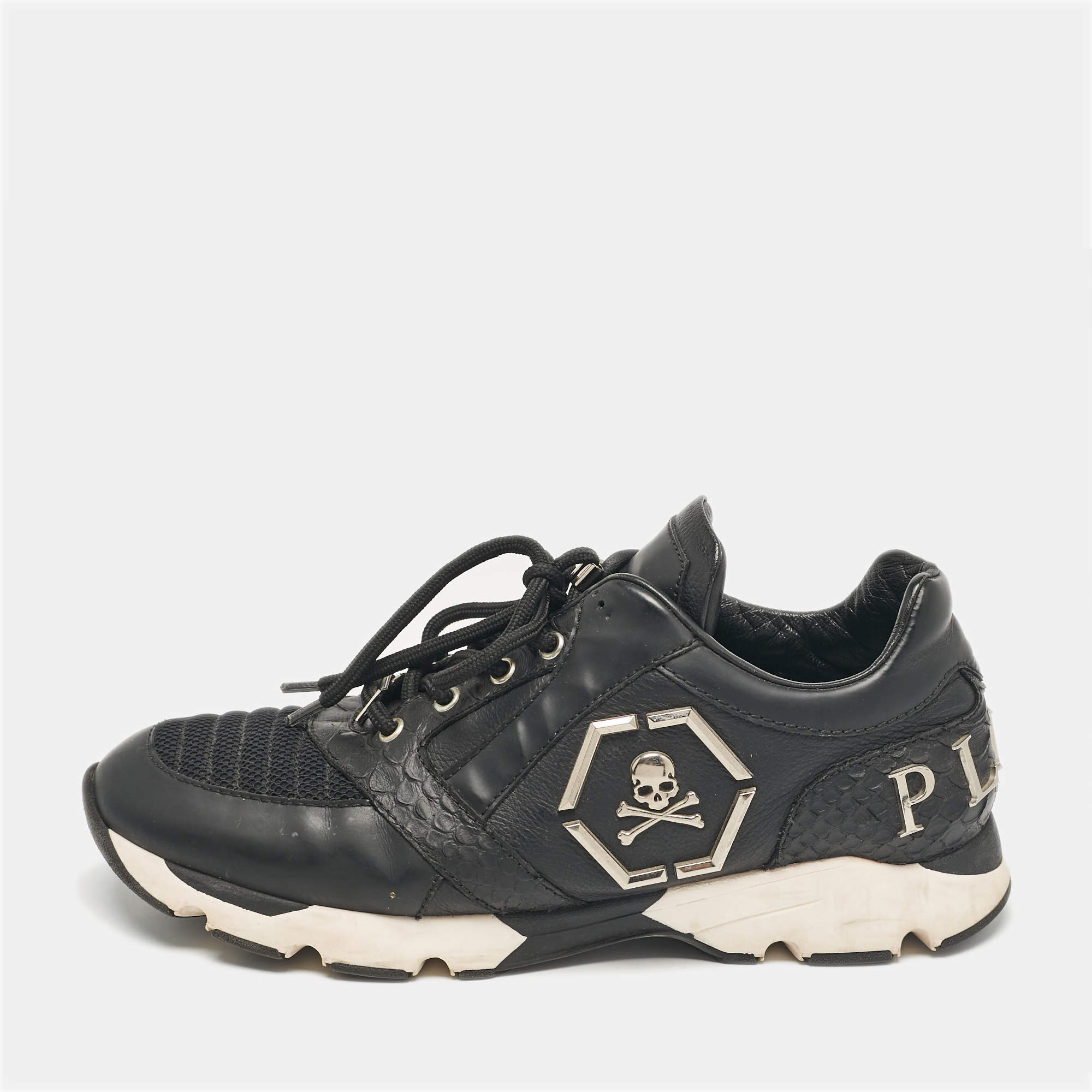 Philipp Plein Black Leather and Python Embossed Lace Up Sneakers Size 43