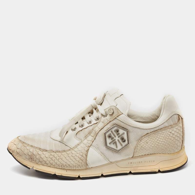 Philipp Plein Cream Python Embossed and Leather Lace Up Sneakers Size 45