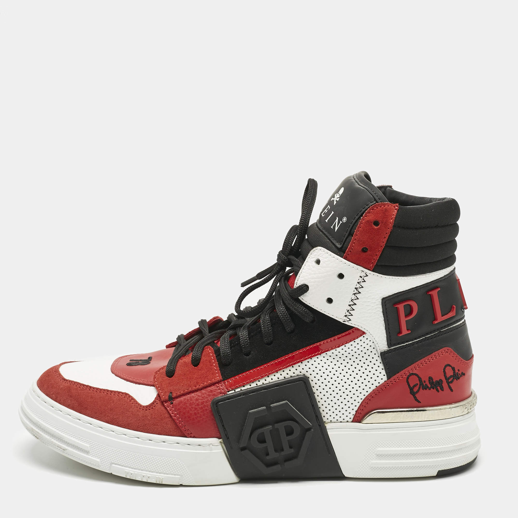 Pre Owned Philipp Plein Red Leather and Suede Phantom Kicks High Top Sneakers Size 42