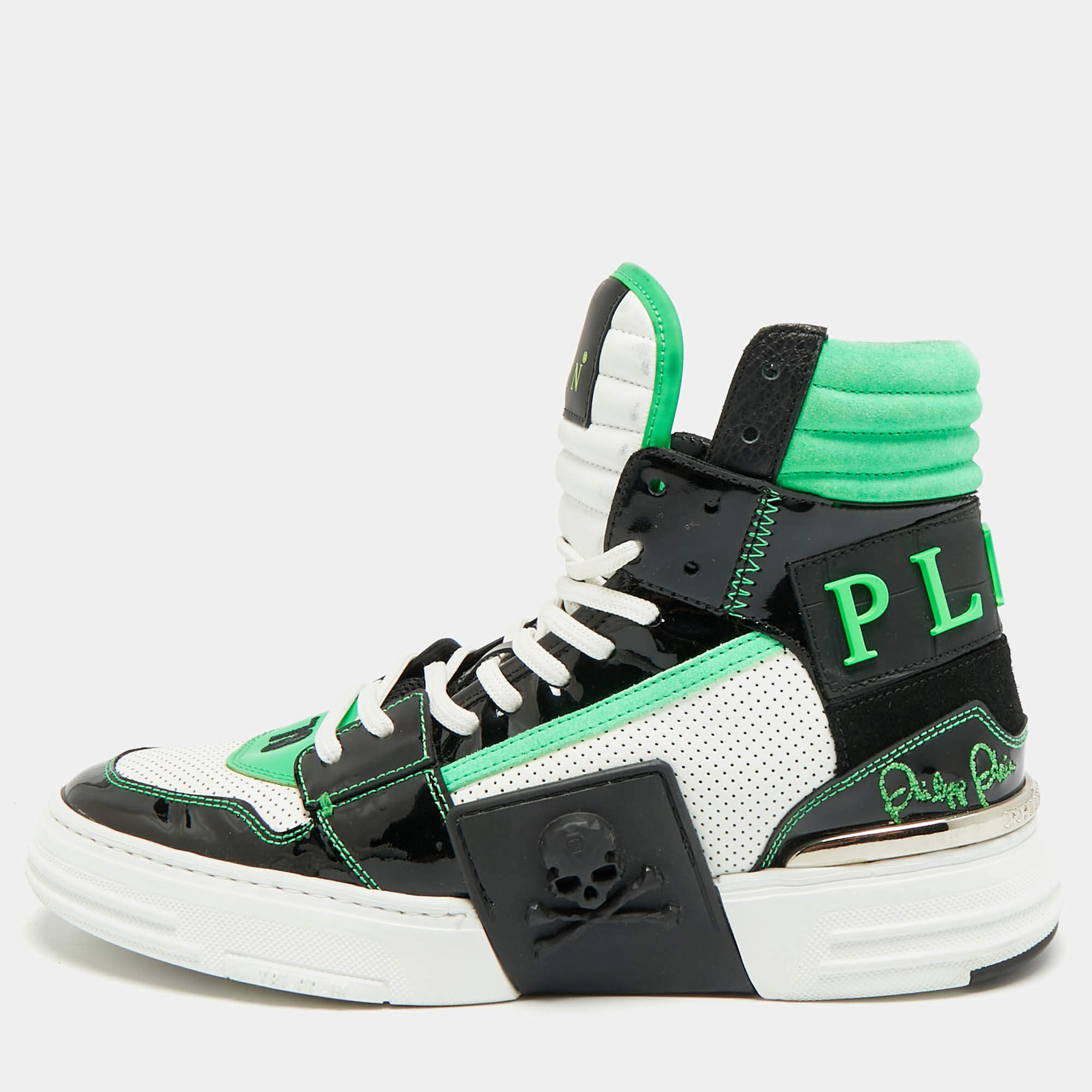 Pre Owned Philipp Plein Phantom Kicks Size 40 Tricolor Leather and Patent High Top Sneakers
