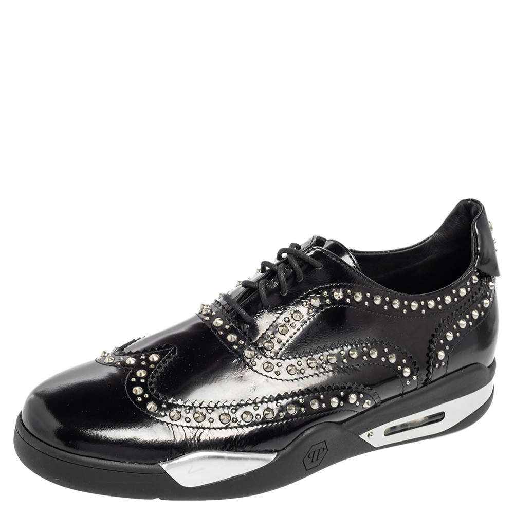 Pre Owned Philipp Plein Black Patent Leather Studded Accents Brogues Size 43