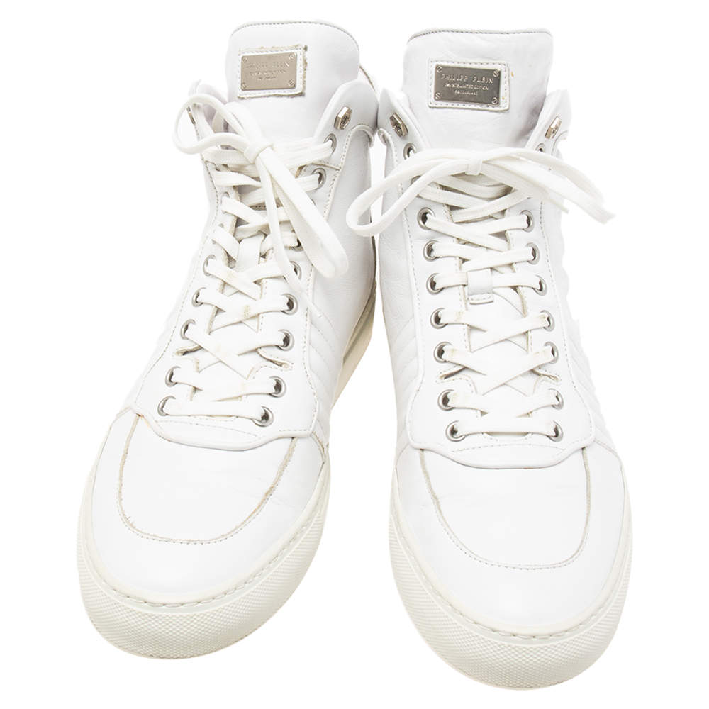 Pre Owned Philipp Plein White Leather Embossed Skull High-Top Sneakers Size 42
