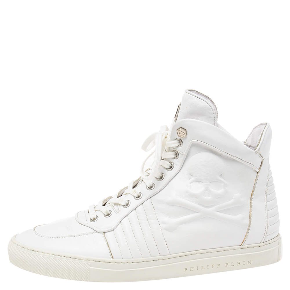 Pre Owned Philipp Plein White Leather Embossed Skull High-Top Sneakers Size 42