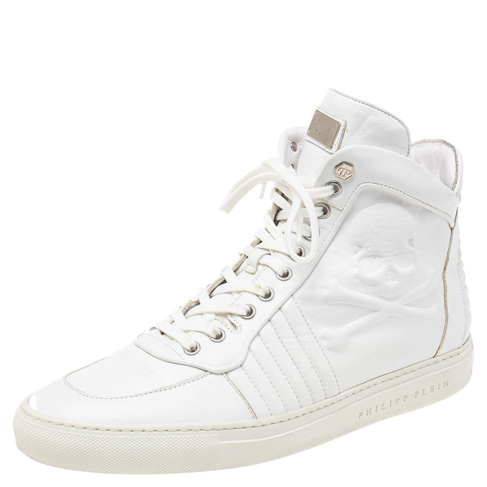 Philipp Plein White Leather Embossed Skull High-Top Sneakers Size 42