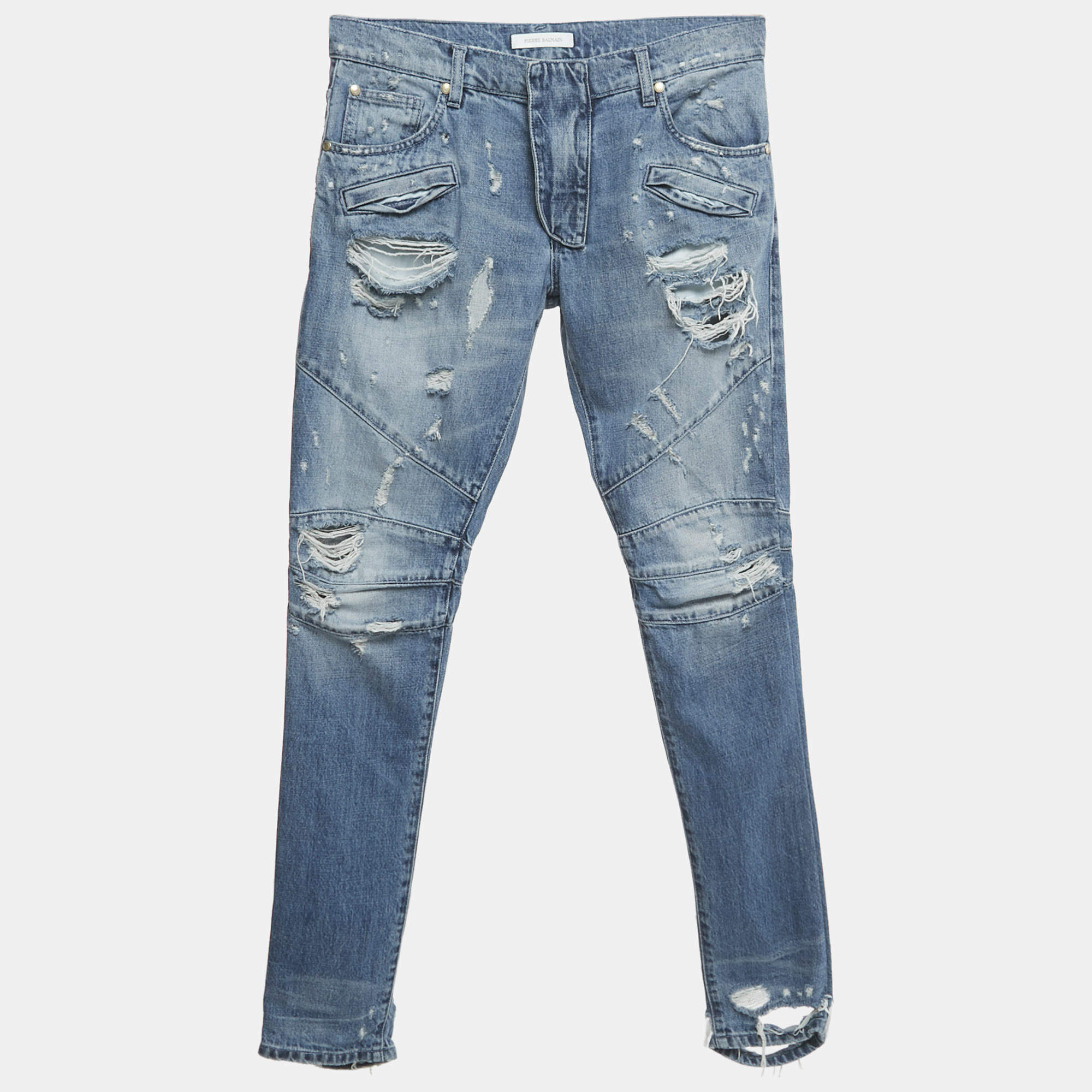 Pre Owned Pierre Balmain Blue Distressed Denim Jeans M Waist 33"
