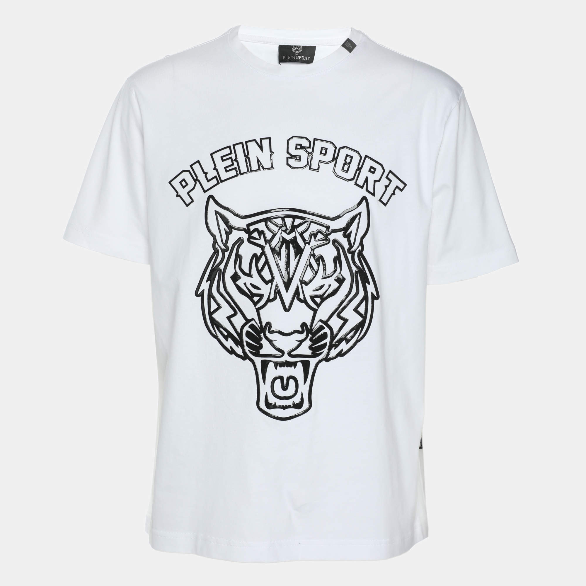Pre Owned Plein Sport White Jersey Tiger Print T-Shirt L