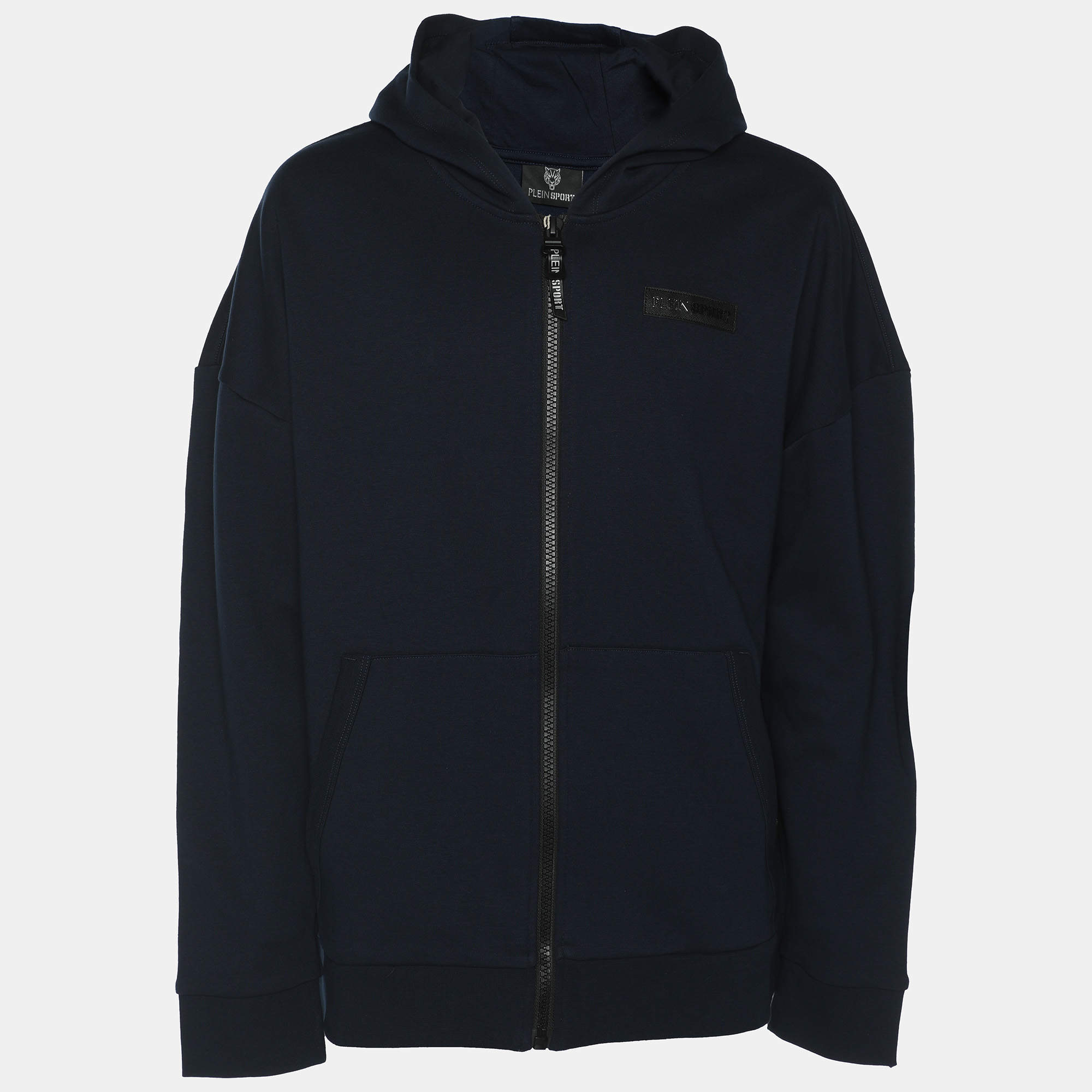 Pre Owned Plein Sport Navy Blue Jersey Logo Hoodie Jacket L