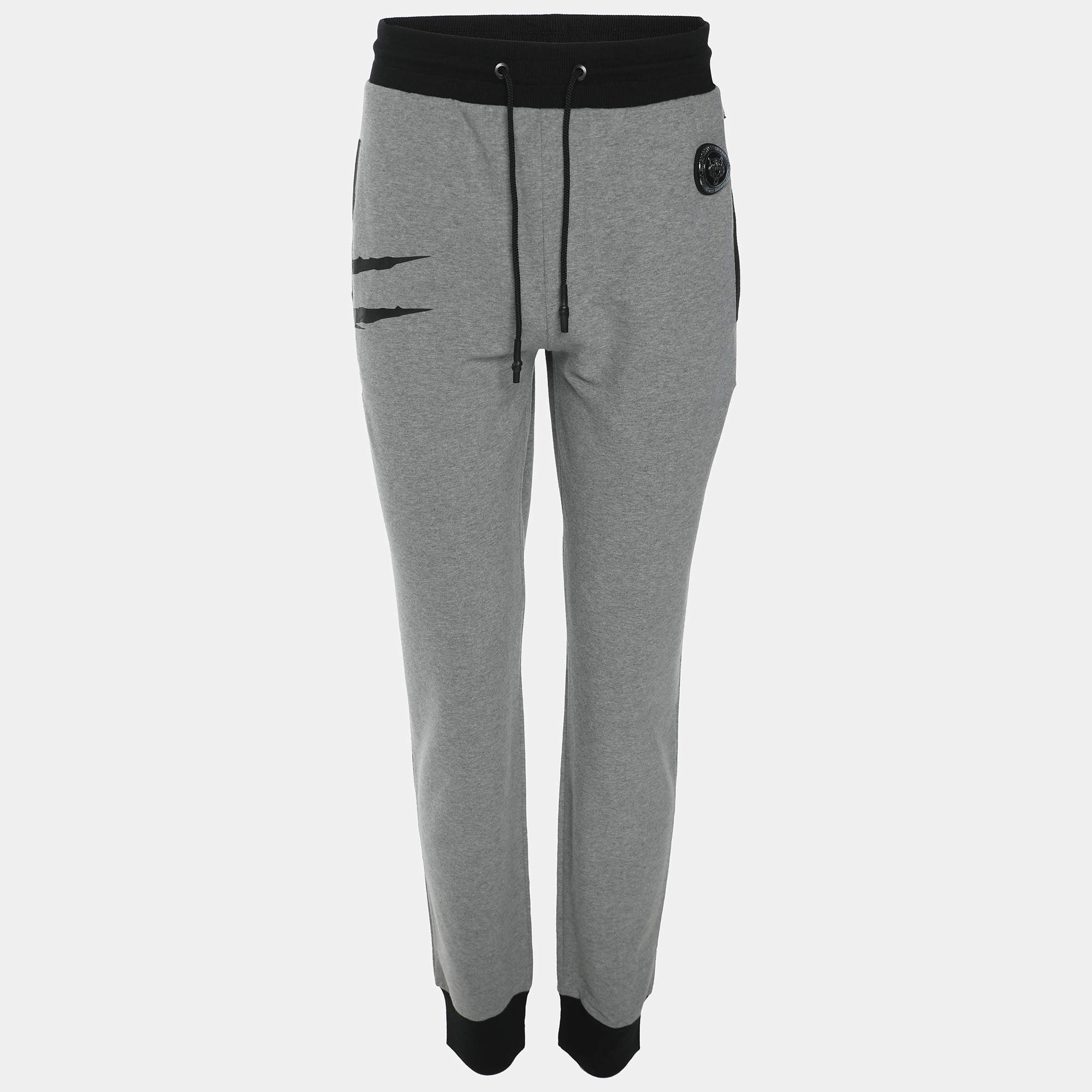 Plein Sport Grey/Black Jersey Logo Print Joggers XL