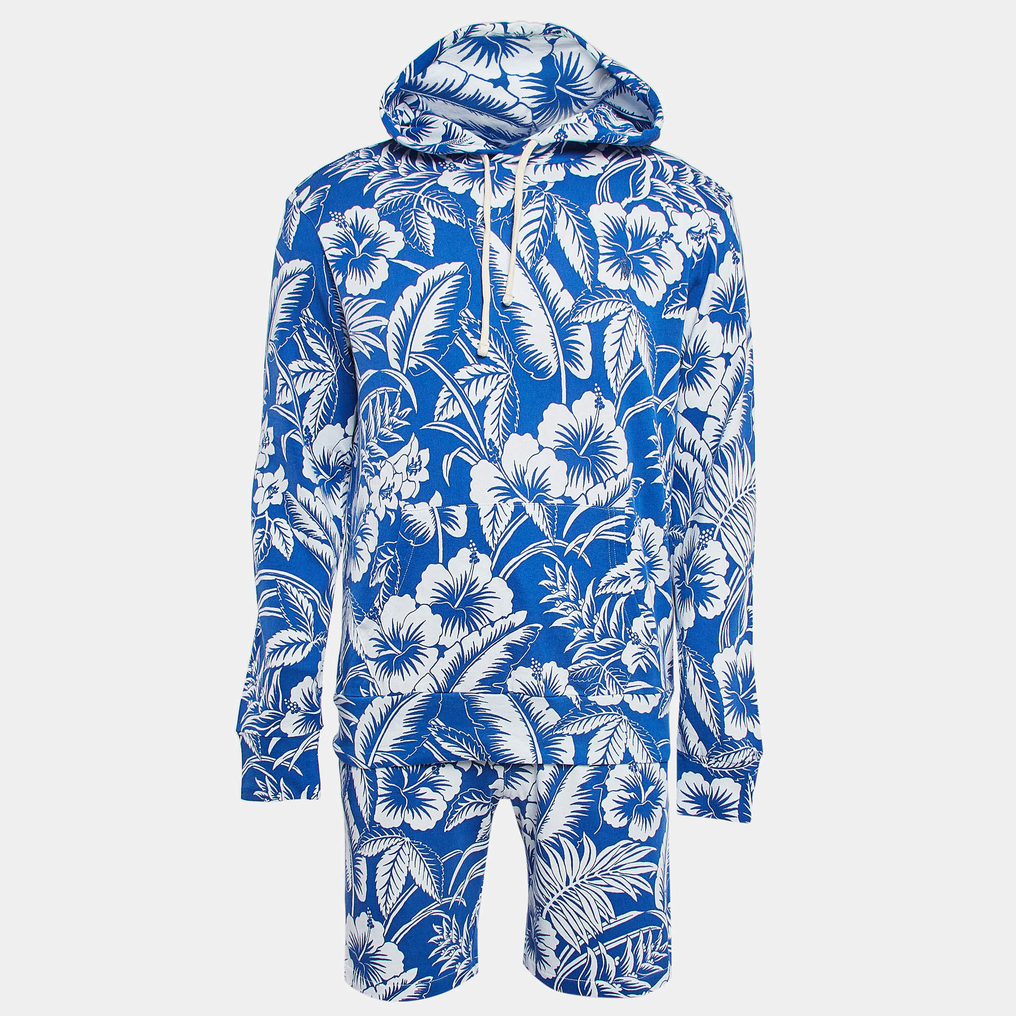 Pre Owned Polo Ralph Lauren Blue/White Printed Cotton Knit Hoodie & Shorts Set M