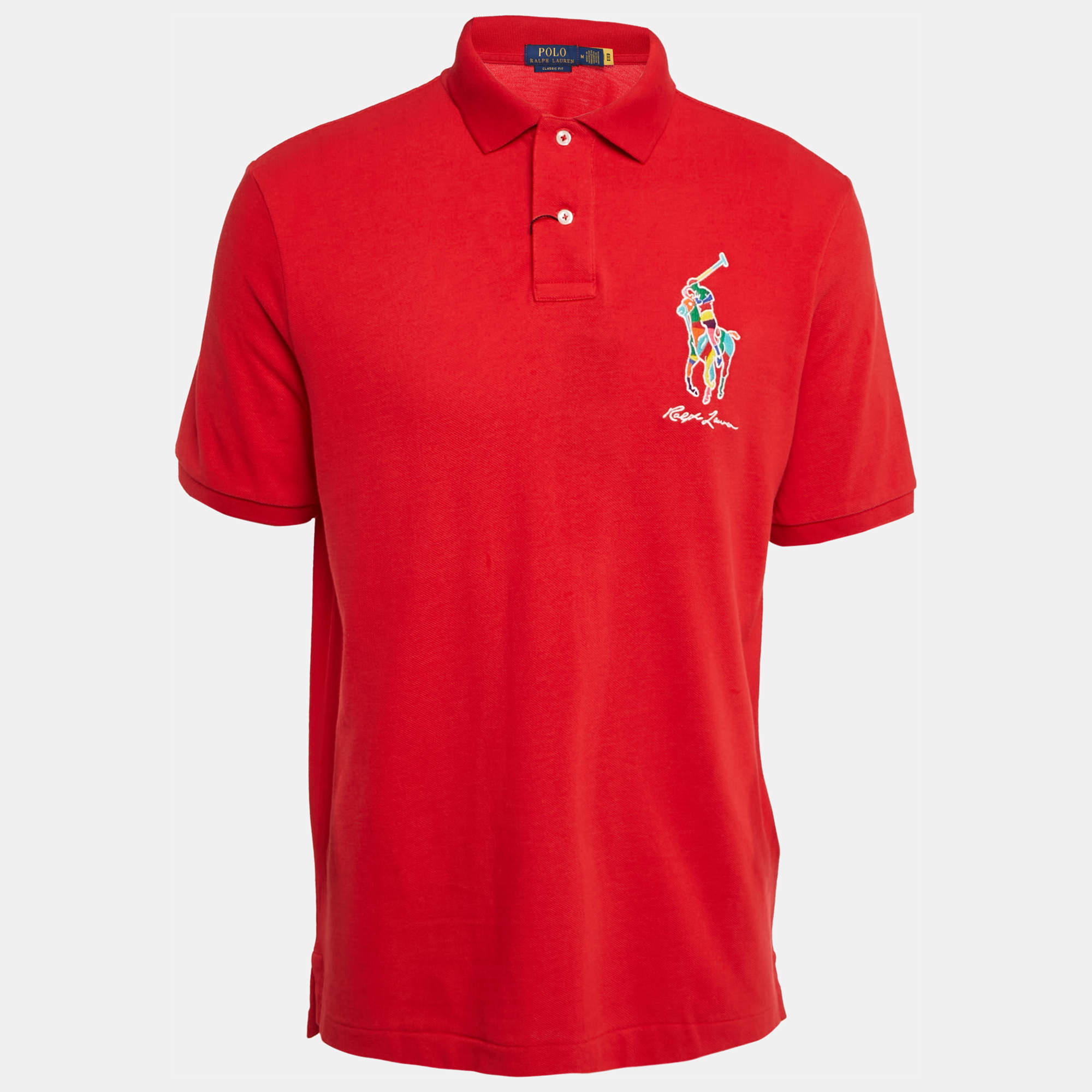 Pre Owned Polo Ralph Lauren Red Embroidered Cotton Pique Classic Fit Polo T-Shirt M