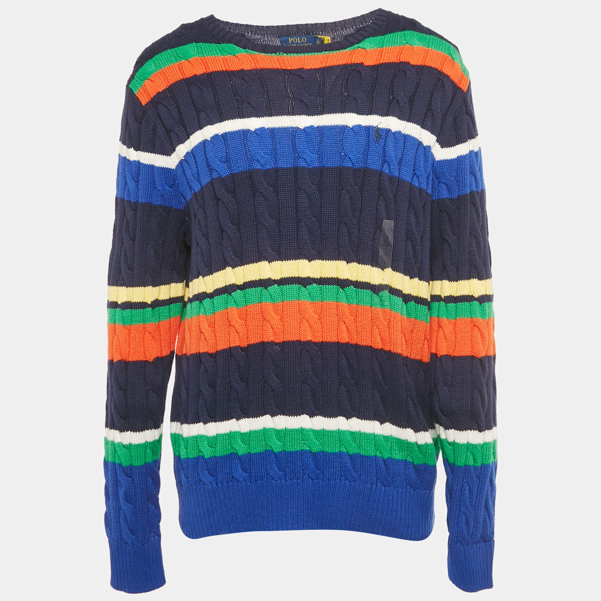 Pre Owned Polo Ralph Lauren Blue Striped Cable Knit Sweater L