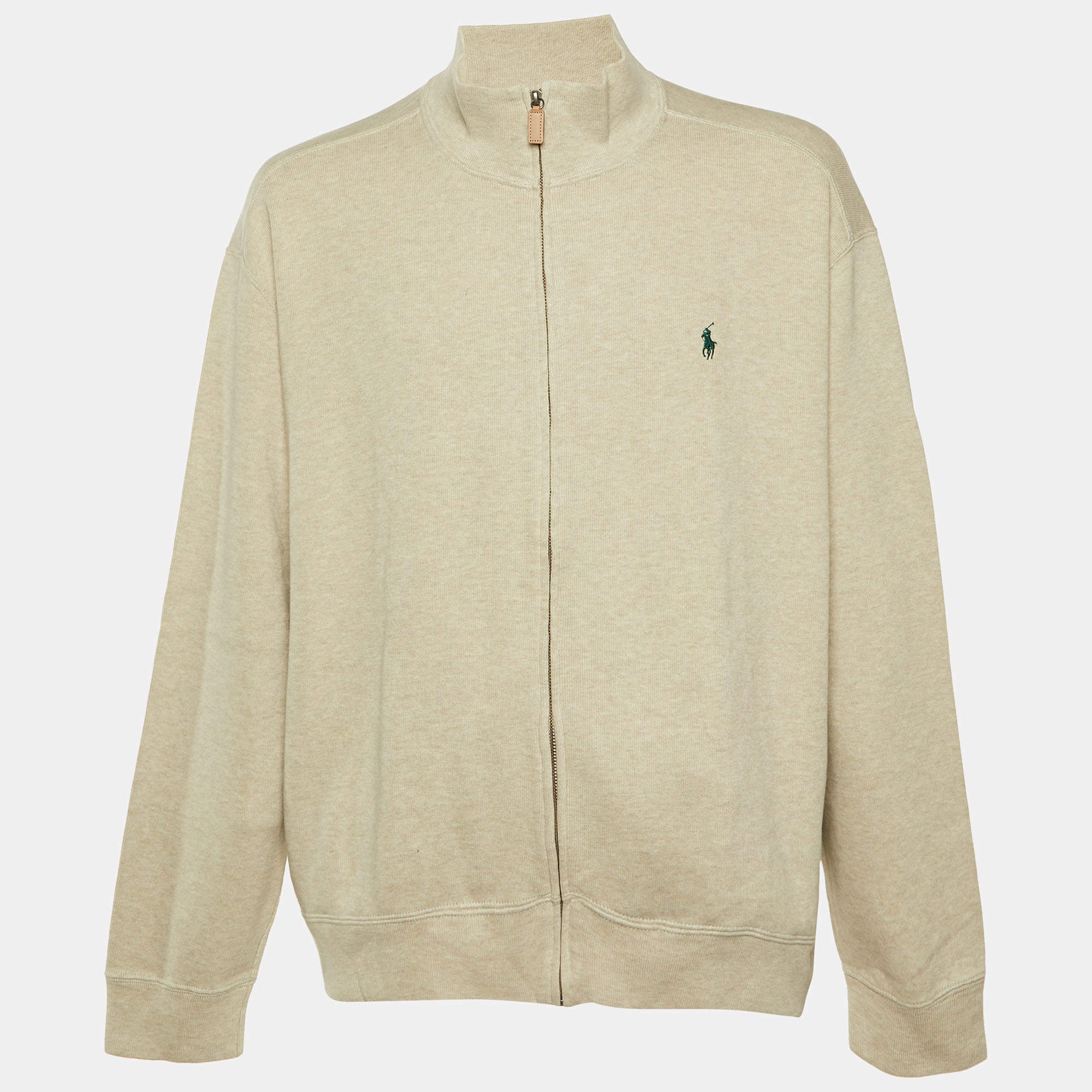 Pre Owned سترة بولو رالف لورين قطن محاك بواجهة بسحاب بلون بيج مقاس كبير جداً - 2XL