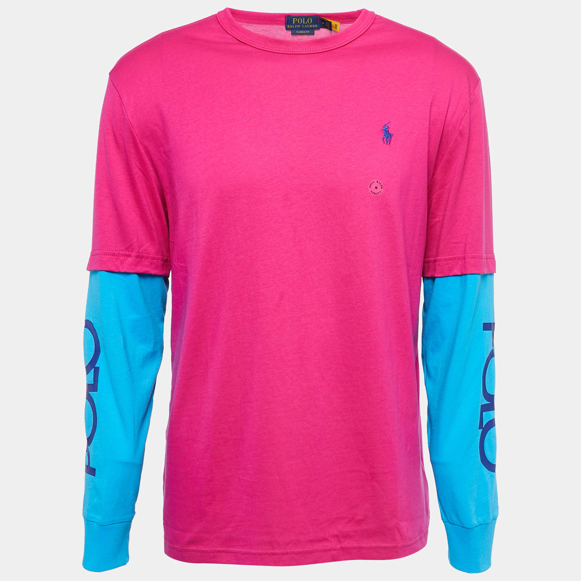 Pre Owned Polo Ralph Lauren Pink/Blue Cotton Crew Neck Full Sleeve T-Shirt M