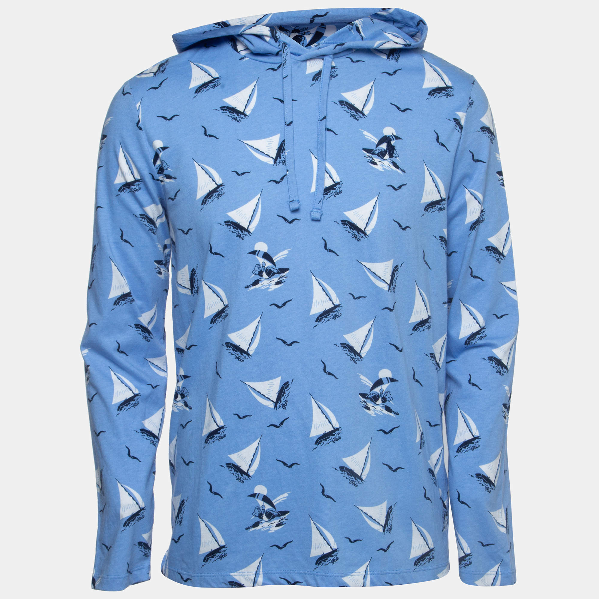 Pre Owned Polo Ralph Lauren Blue All-Over Yacht Print Cotton Hooded Sweatshirt S