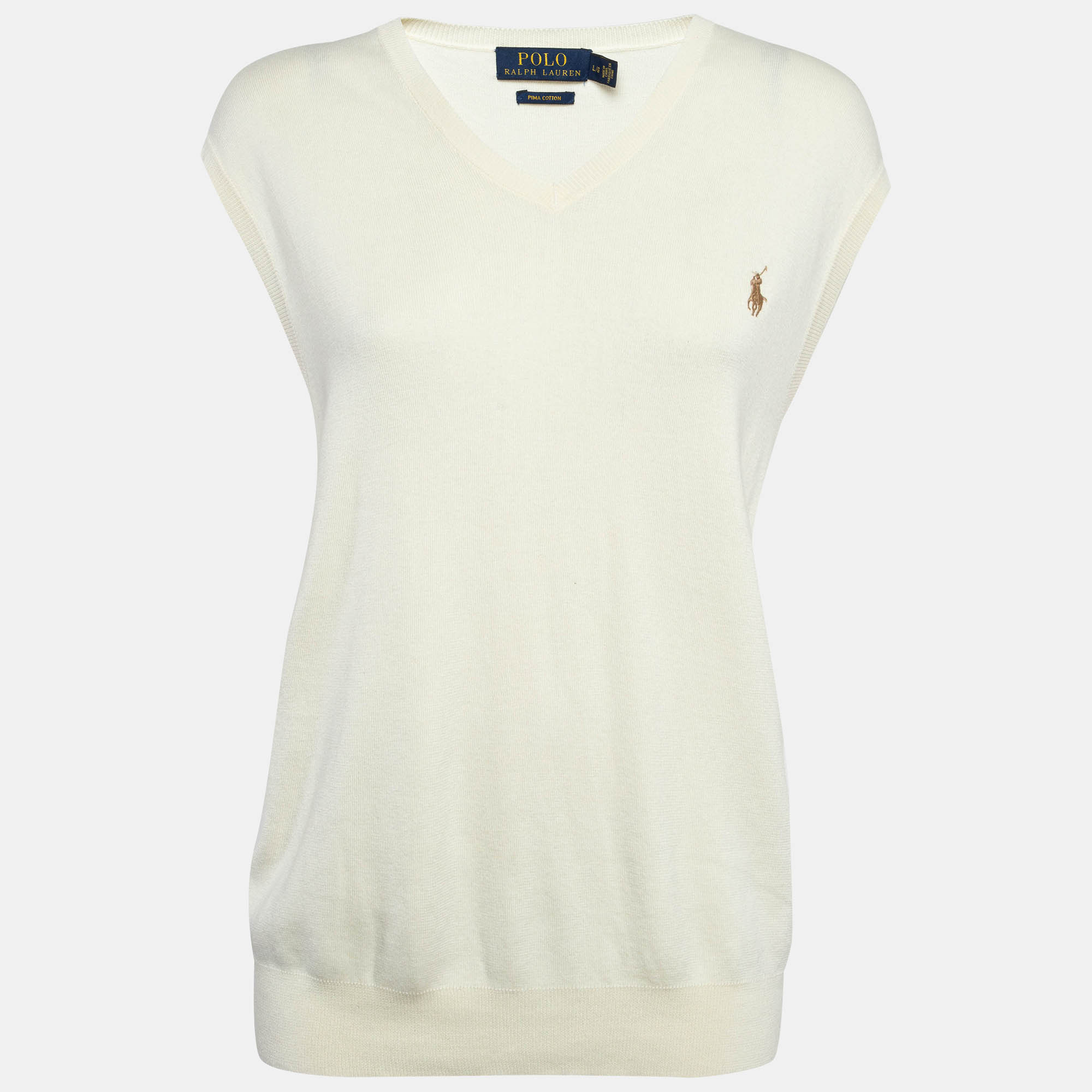 مملوكة مسبقًا Polo Ralph Lauren Cream Cotton Knit Sleeveless Sweater L