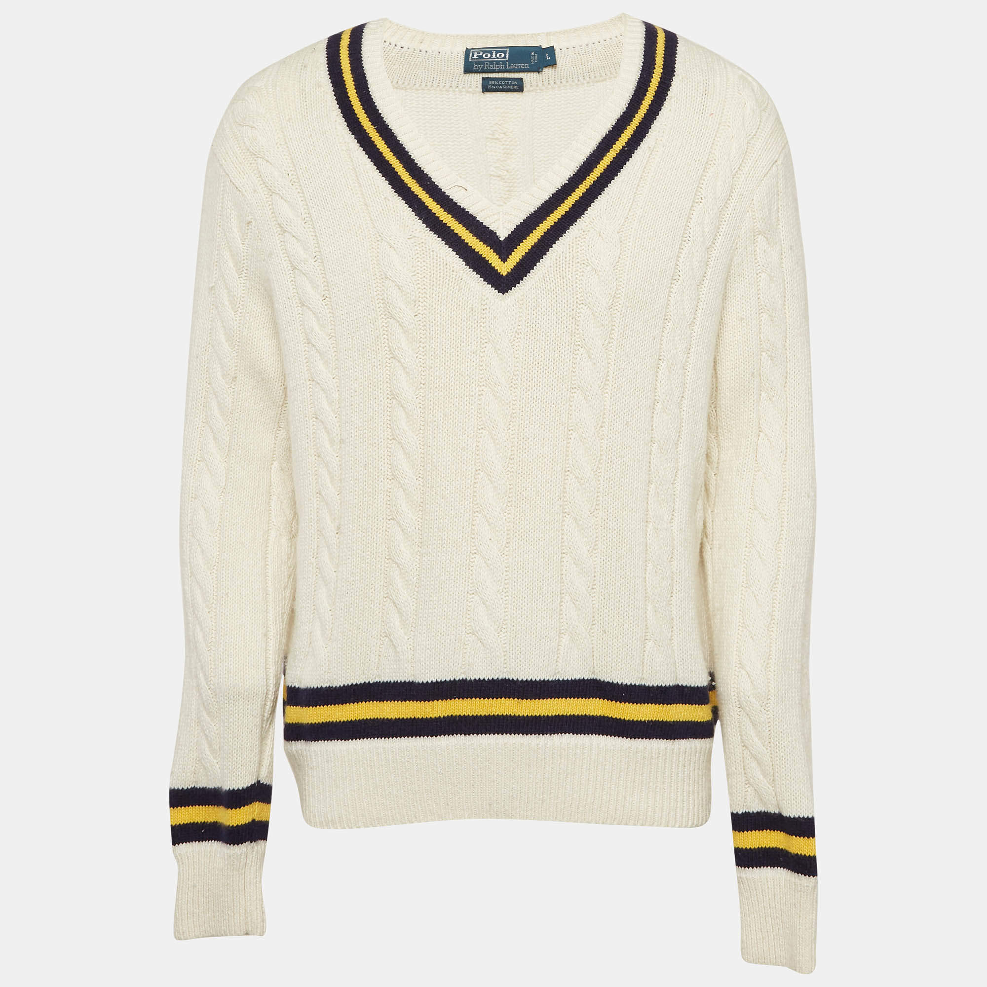 Pre Owned Polo Ralph Lauren Off-White Varsity Cricket Striped Cable Knit Sweater L