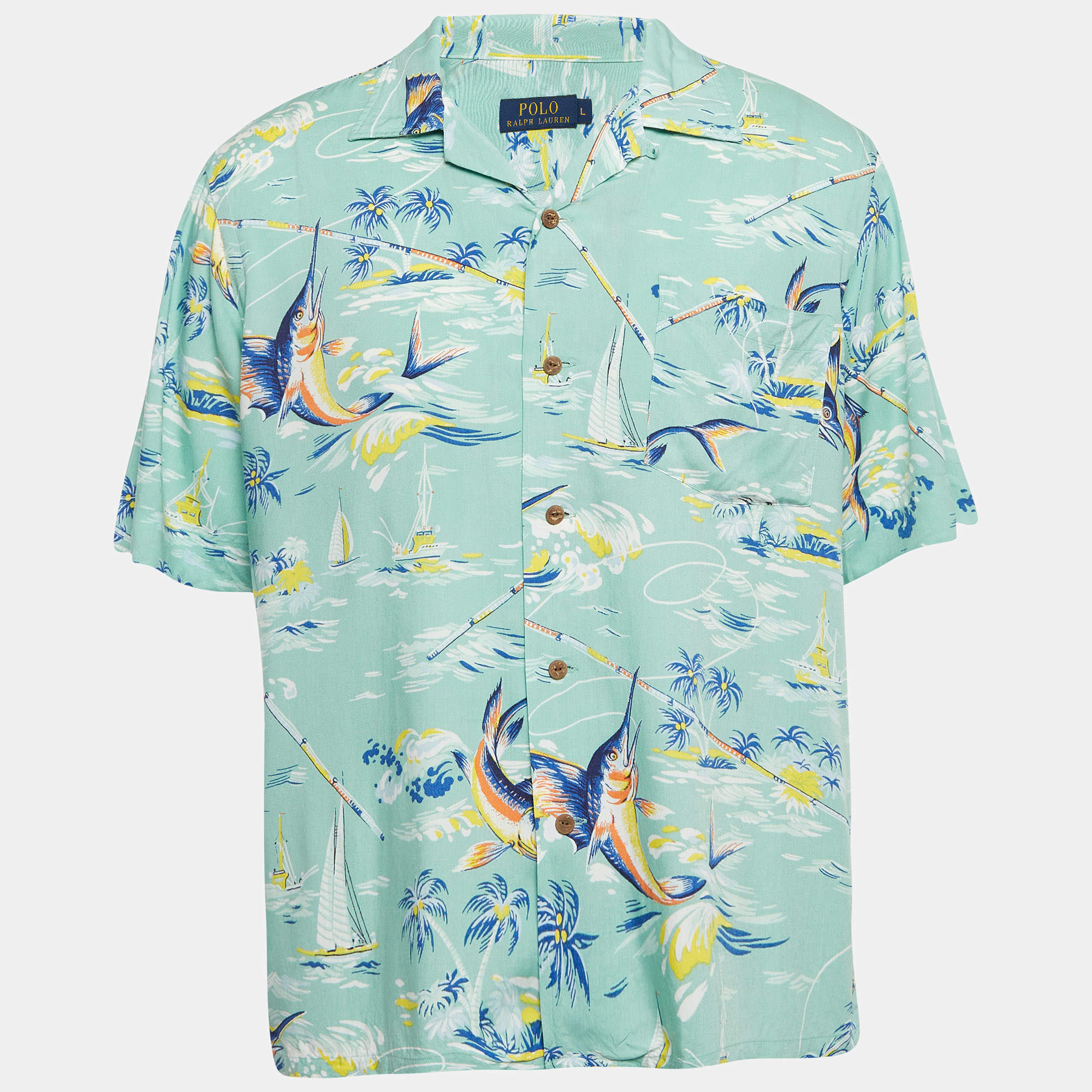 Pre Owned Polo Ralph Lauren Green Printed Crepe Short Sleeves Shirt L