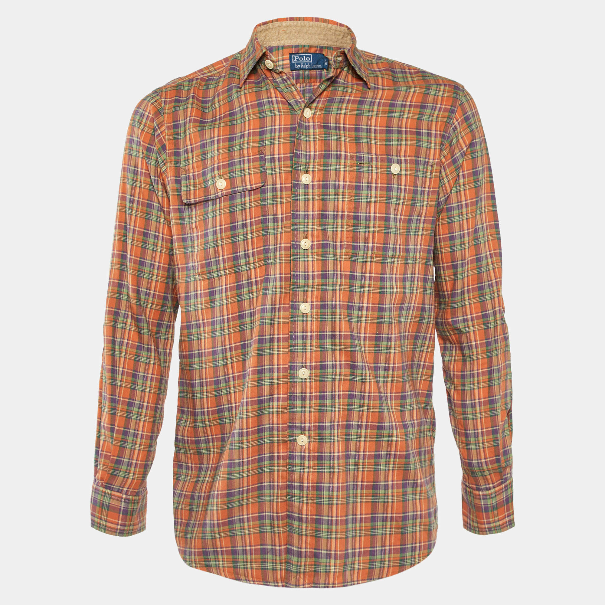 Pre Owned Polo Ralph Lauren Orange Plaid Checked Cotton Long Sleeve Shirt S