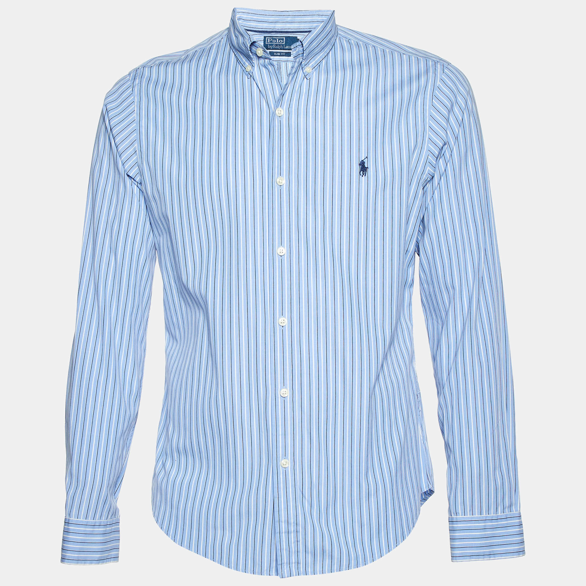 Pre Owned Polo Ralph Lauren Blue Striped Cotton Slim Fit Button Down Shirt M